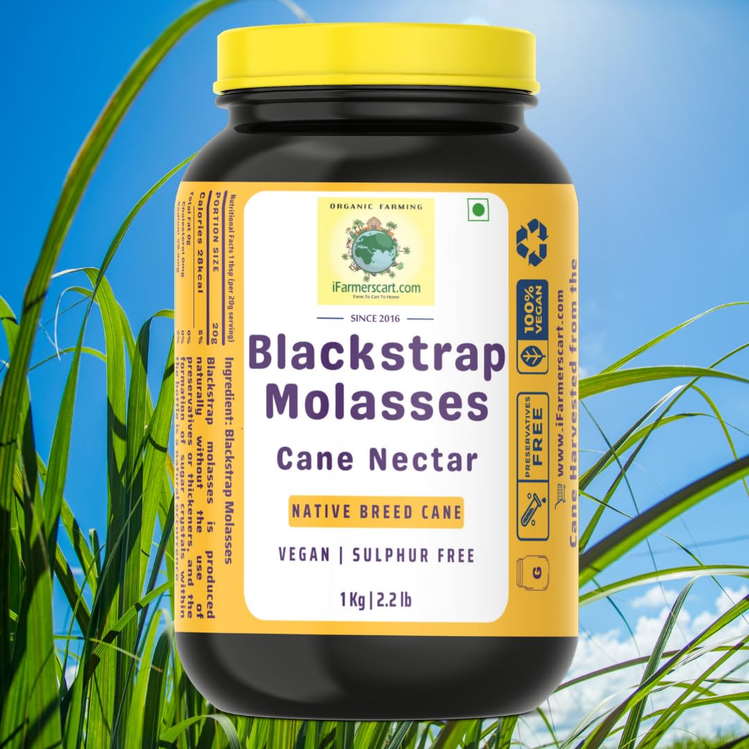 iFarmerscart Sugarcane Blackstrap Molasses - 1 Kg Glass Bottle | Cane Nectar Syrup from the Fertile Banks of River Kaveri | Natural Sweetener | Preservative & Thickeners Free