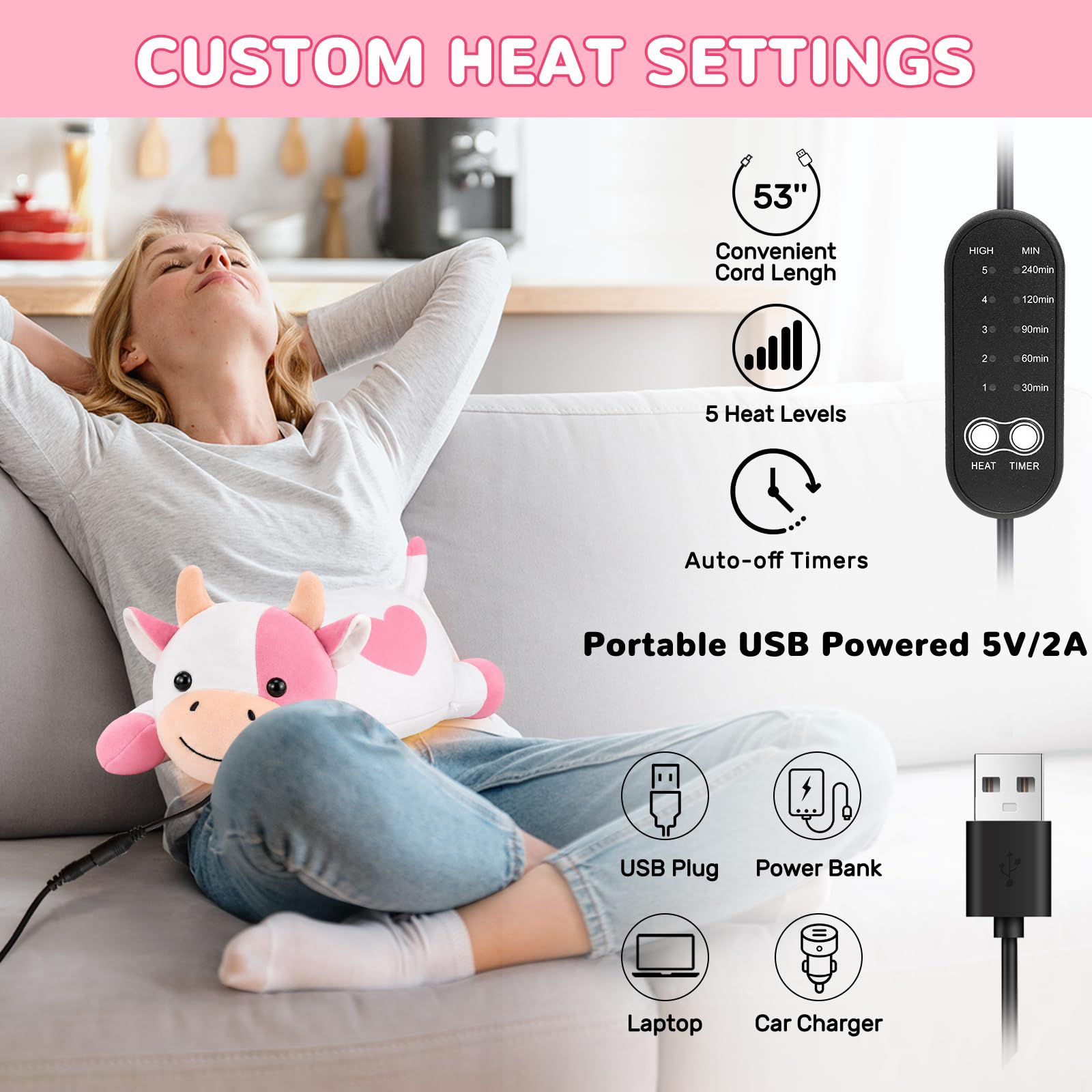 Manta eléctrica con apagado automático, almohadilla térmica eléctrica USB para período, cojín térmico Warmies, cuello, espalda, hombros, vientre, regalos de Navidad para mujeres y niñas