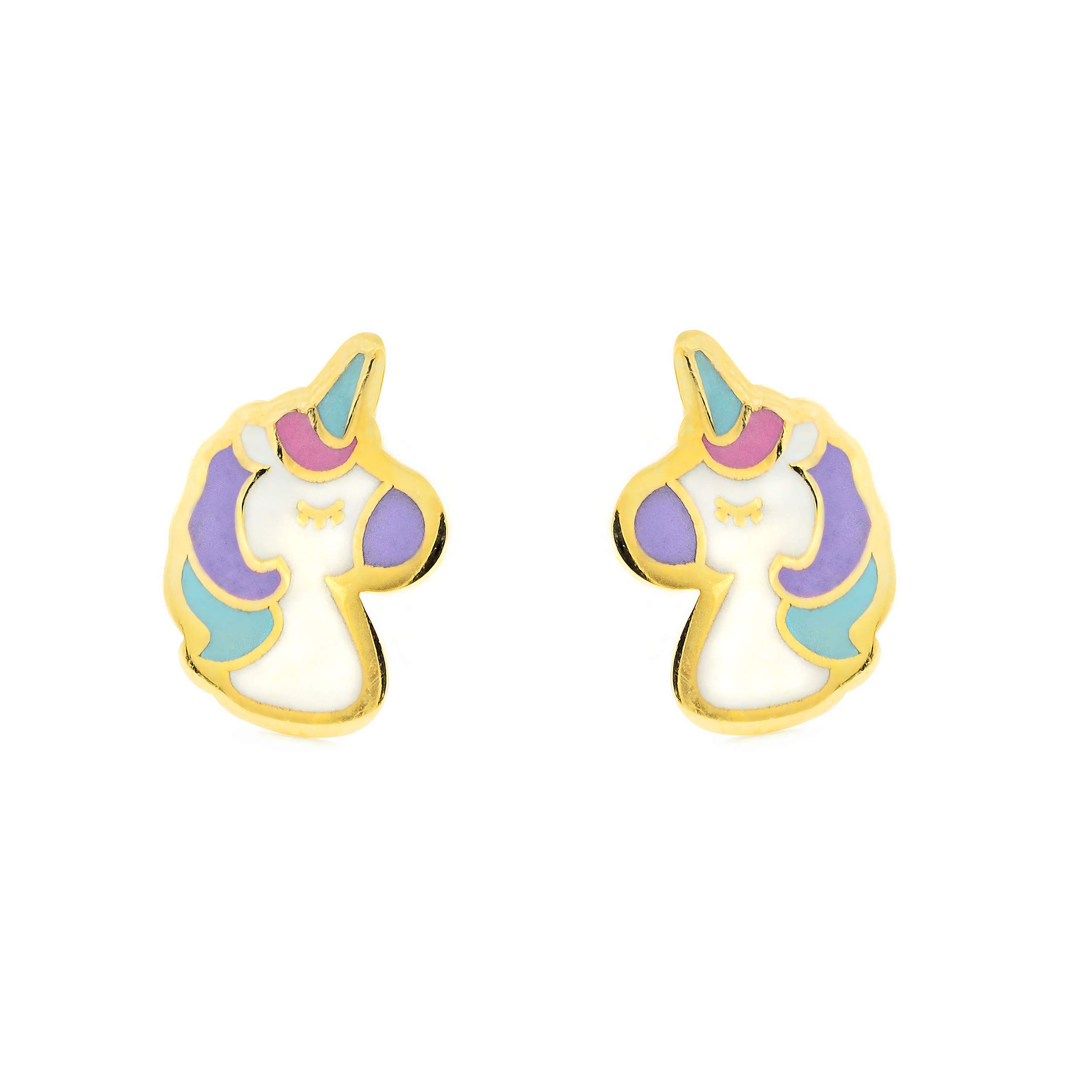 DCB Pendientes Oro Niña Unicornio Esmaltado (9kts) - Estuche Regalo - Certificado de Garantía - Mondepetit