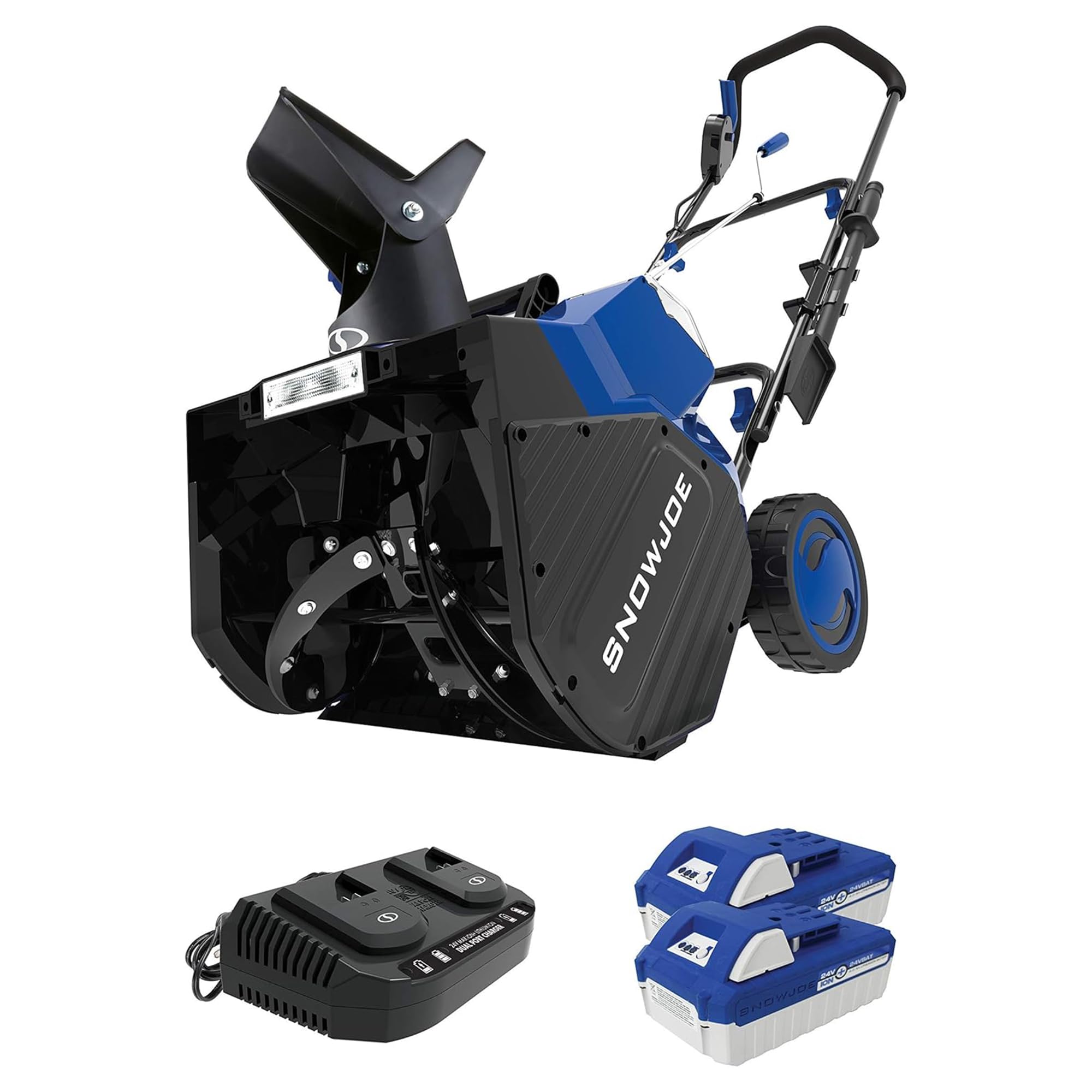 Snow Joe 48V Cordless Snow Blower Kit w/ 2X 4Ah Batteries, Dual-Port Charger & LED Headlight, 18" Clearing Path - Heavy-Duty Winter Blower for Driveways, Patios & Sidewalks, 24V-X2-SB18
