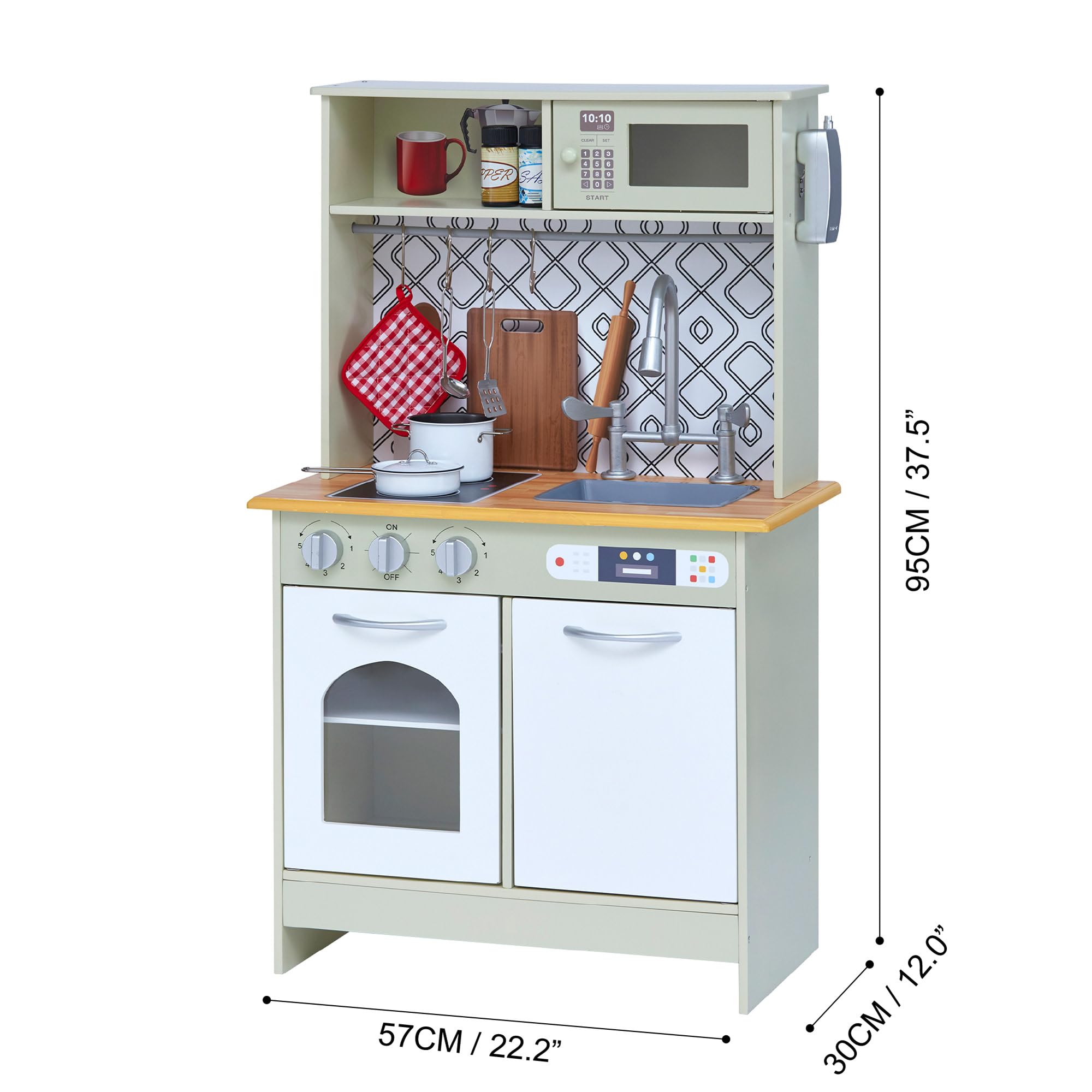 Teamson Kids Little Chef Boston Modern Farmhouse - Juego de Cocina de Madera con Funciones interactivas y 9 Accesorios de Cocina de Juego, Verde Claro/Blanco TD-12679D