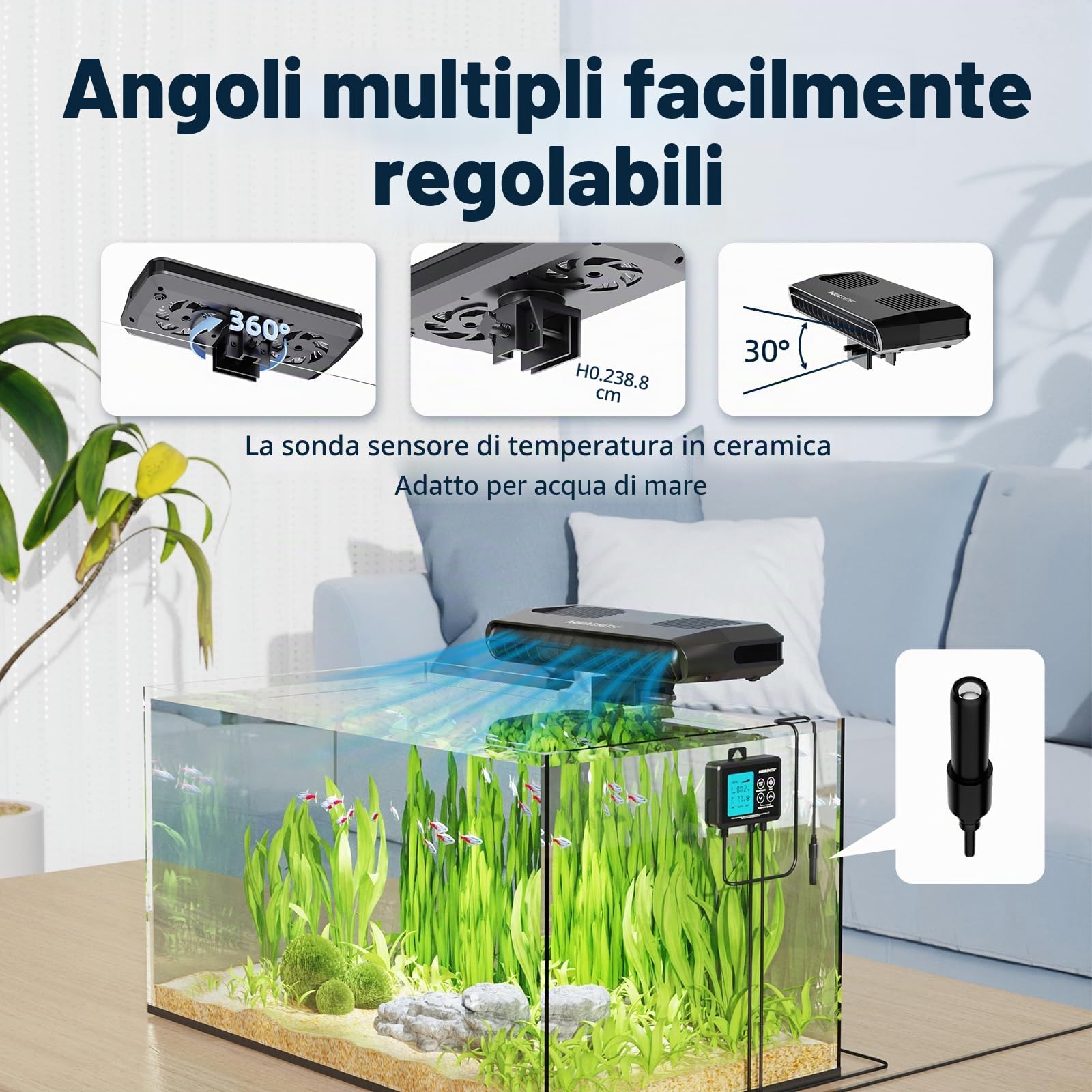 Ventilatore refrigerante per acquario, dispositivo di raffreddamento per acquari con controllo della temperatura, impostazione minima 15 °C, avvio/arresto automatico, effetto refrigerazione da -16,1 a