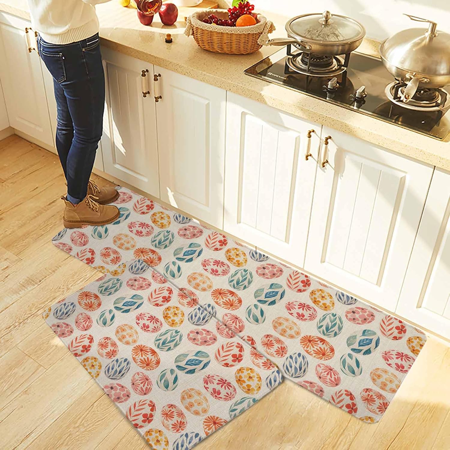 Easter Kitchen Rugs and Mats Set of 2, Non-Slip Kitchen Sink Mat, Country Spring Watercolor Leaves Floral Eggs Washable Doormat Bathroom Rugs Runner for Bedroom/Living Room 15.7"x23.6"+15.7"x47.2"