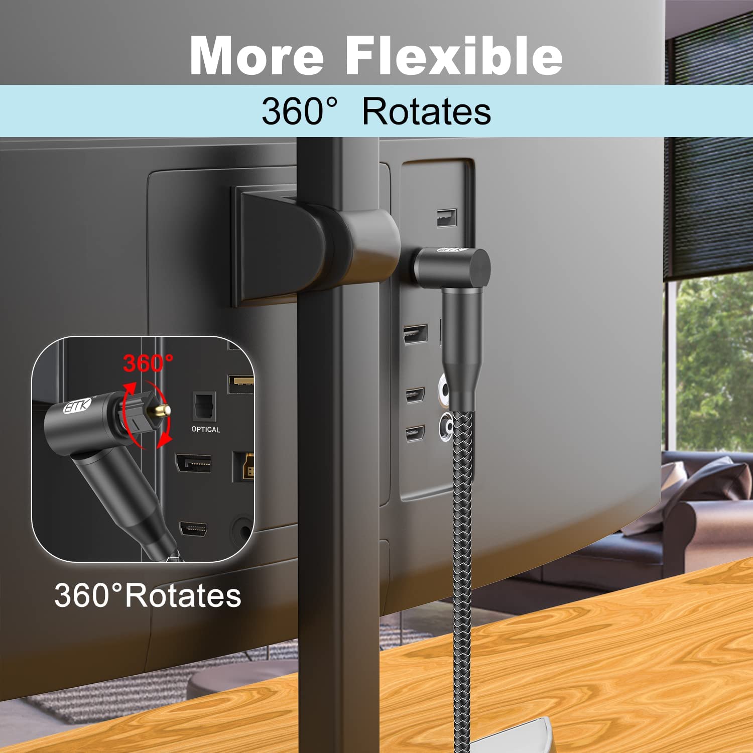 EMK Digital Optical Audio Cable Rectangle Angle Toslink Cable (Gold Plated, 90 Degree Fibre, Optical to TOSLINK, 360 Degree Rotatable) Optical Cable for DVD, Speaker, Soundbar, TV (0.3m)