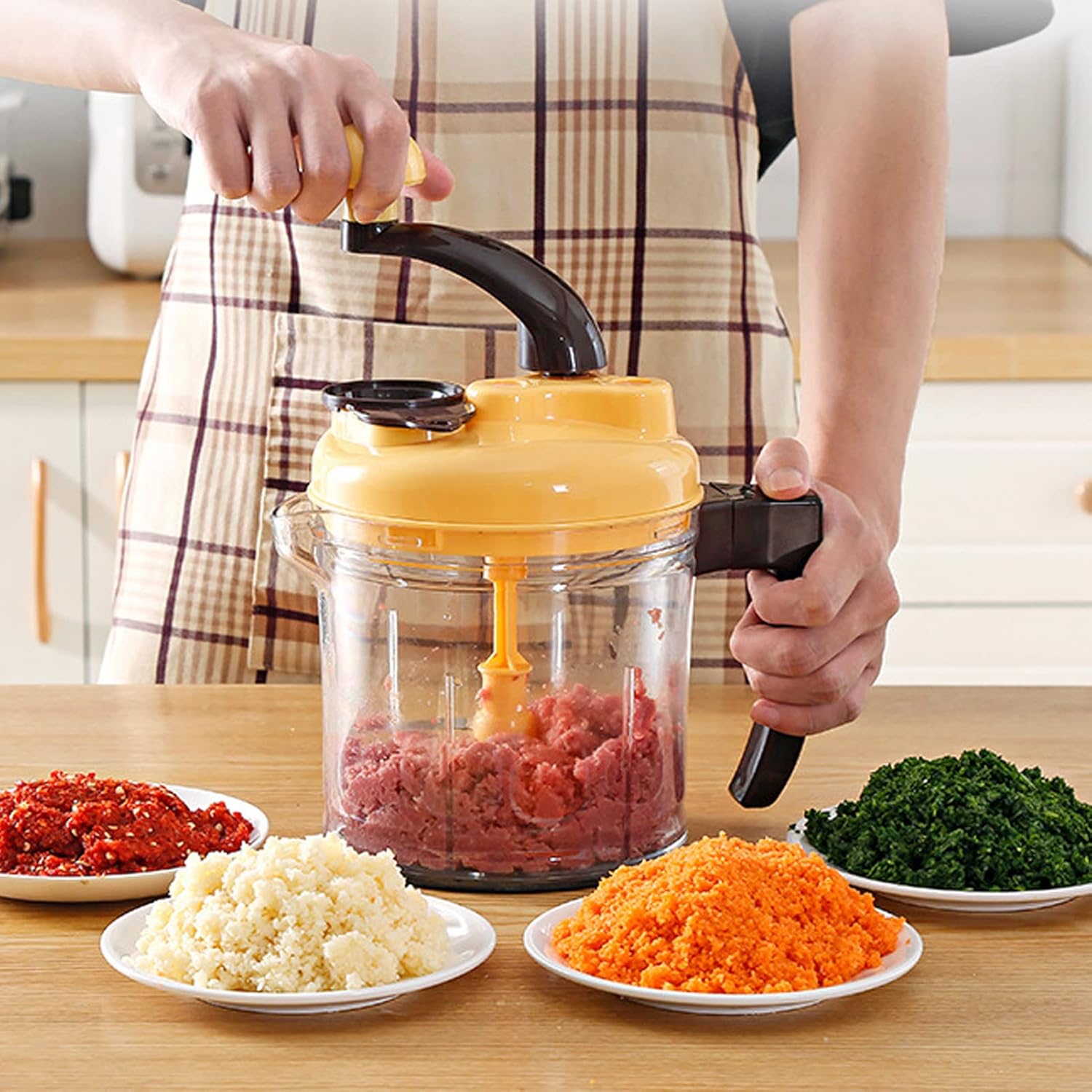 Hand Crank Food Chopper, Multifunction Salad Spinner Vegetable Chopper with 3 Gear Settings, Large Capacity PP and Stainless Steel Manual Veggie Mixer for Meat Beans Garlic