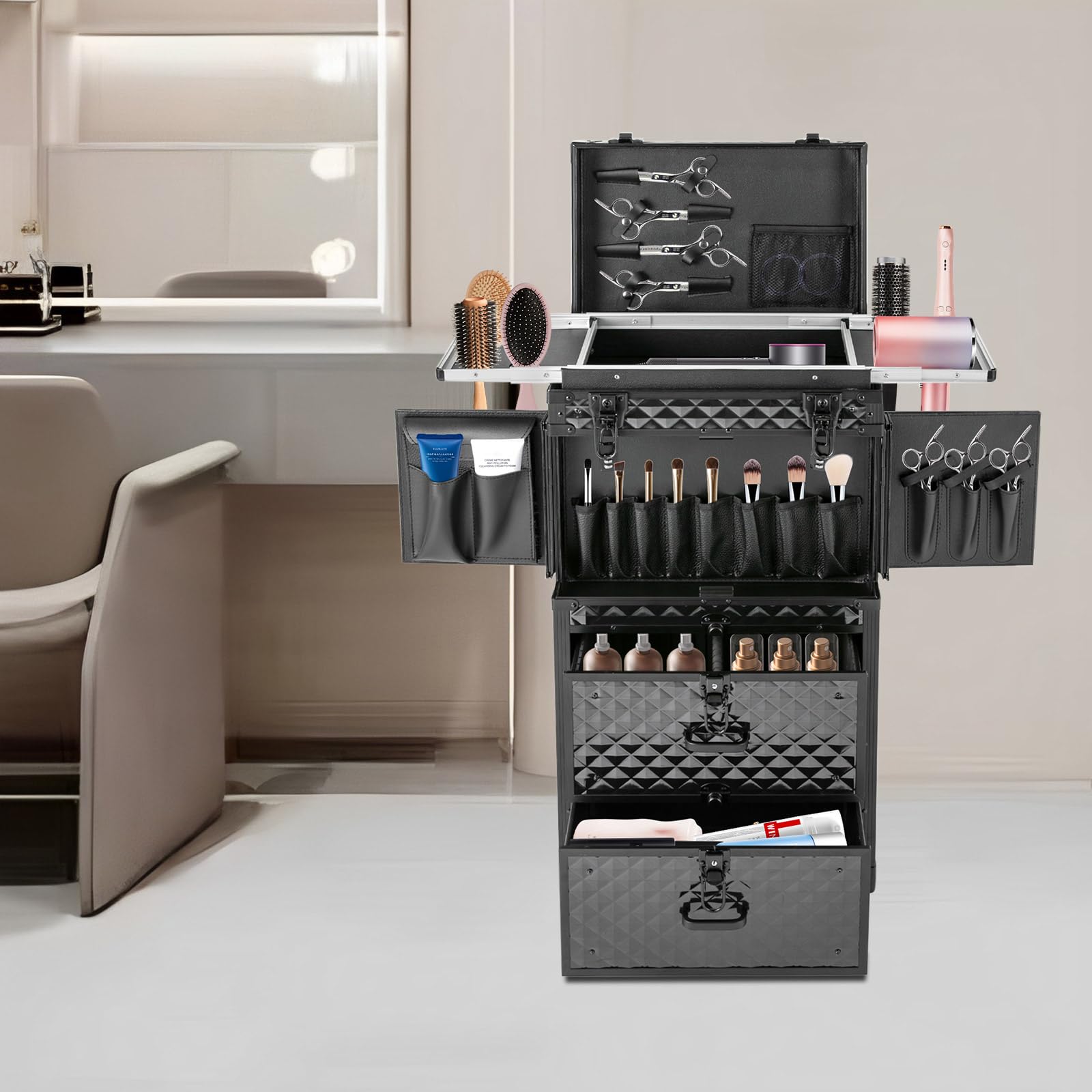 Mallette de maquillage professionnelle avec 4 roulettes - Valise à roulettes - En aluminium - Pour voyage, coiffure, maquilleur - Noir, Noir , Moderne