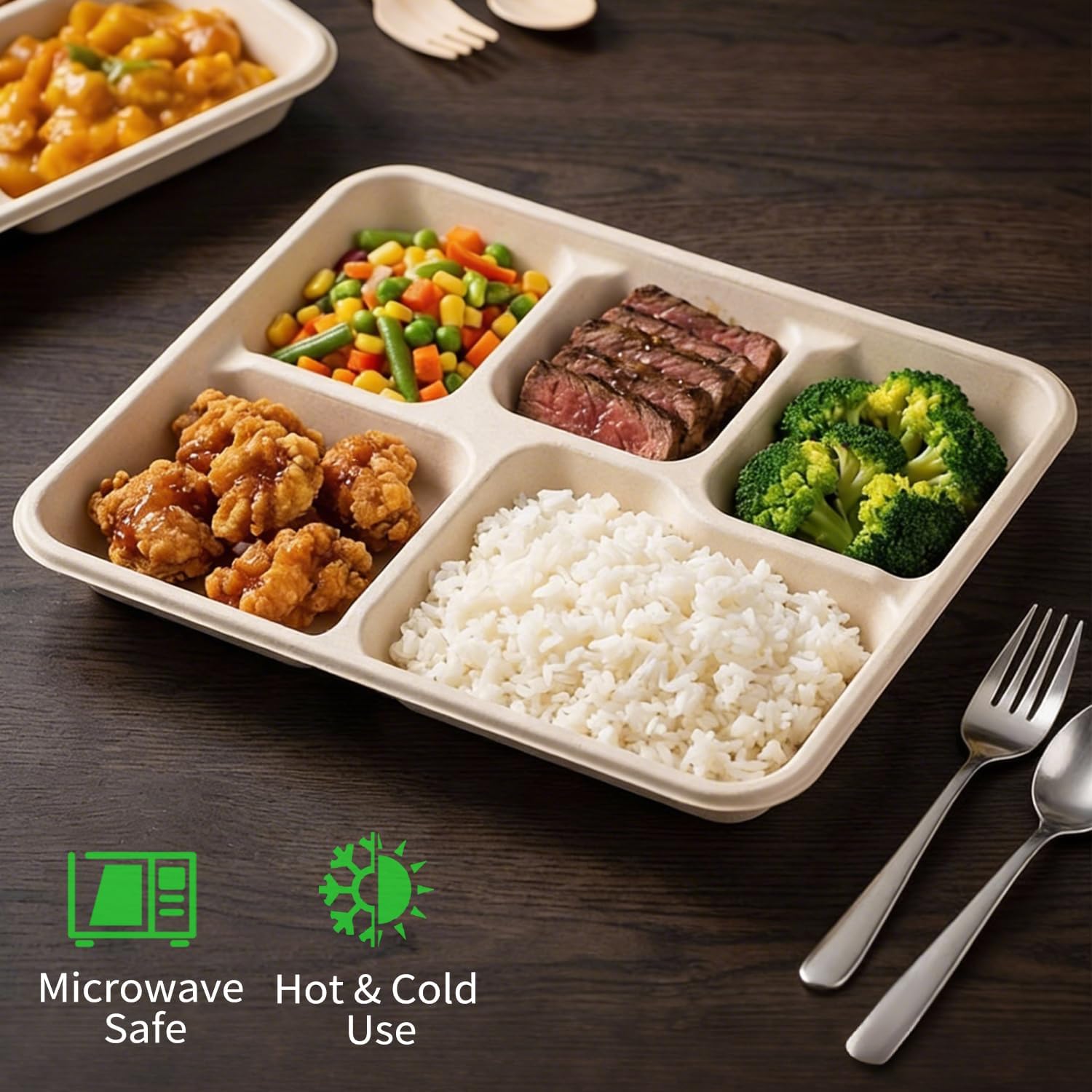 125-Pack 100% Compostable Plates 5 Compartment Paper Plates, Disposable Bagasse School Lunch Tray, Heavy Duty Quality Disposable Tray, Plates for Buffet, and Party