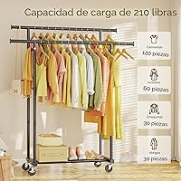 Vista 2 de Perchero de doble varilla, perchero rodante para colgar ropa, armario portátil, perchero de metal para abrigos resistente para dormitorio, Negro
