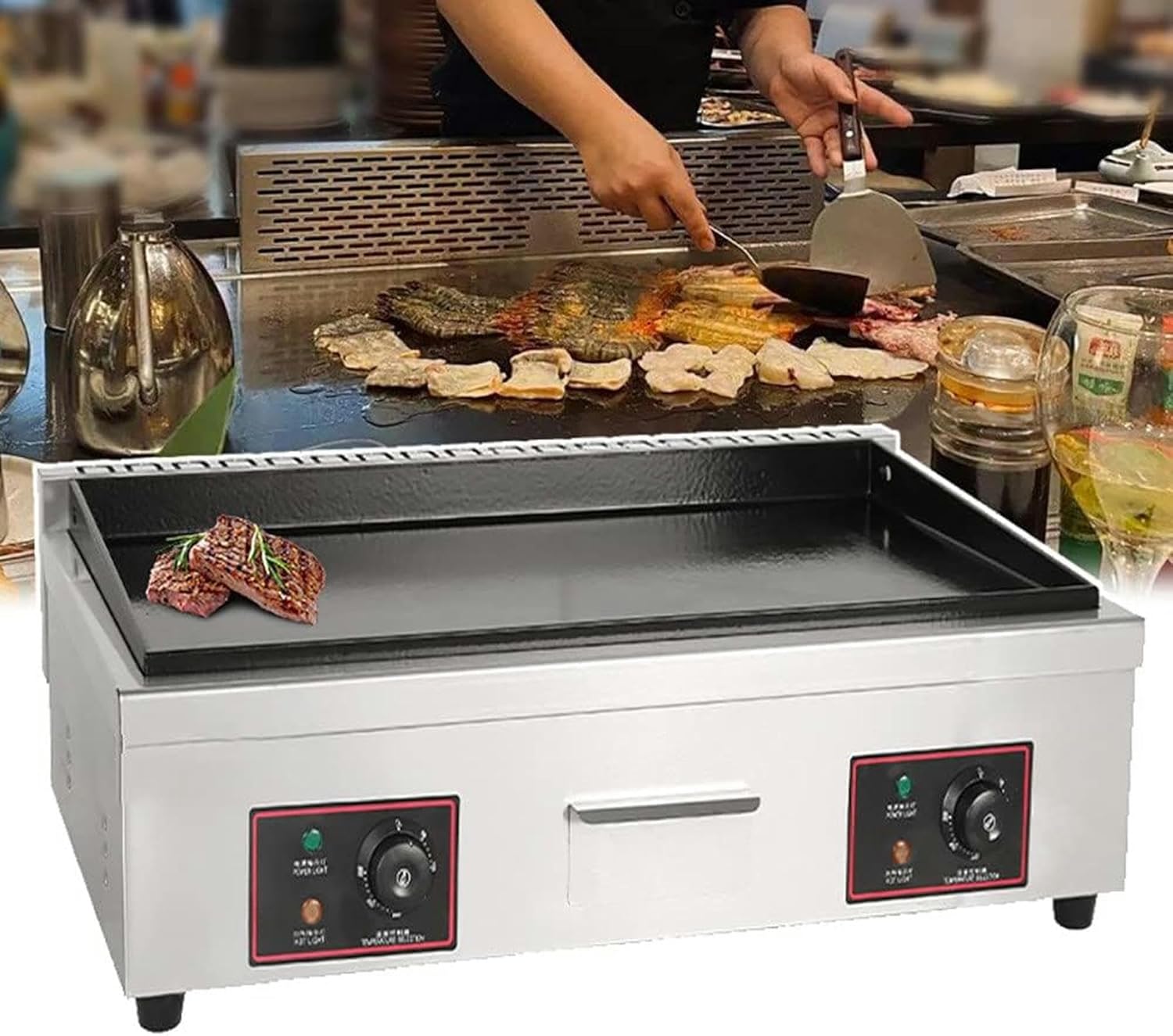 Countertop Electric Griddle, 1700W/3000W Commercial Household Stainless Steel Cooking Plate BBQ Grill, 8mm Cooking Surface, 50-300℃ Adjustable, for BBQ Cooking Steak, Eggs, Pancakes