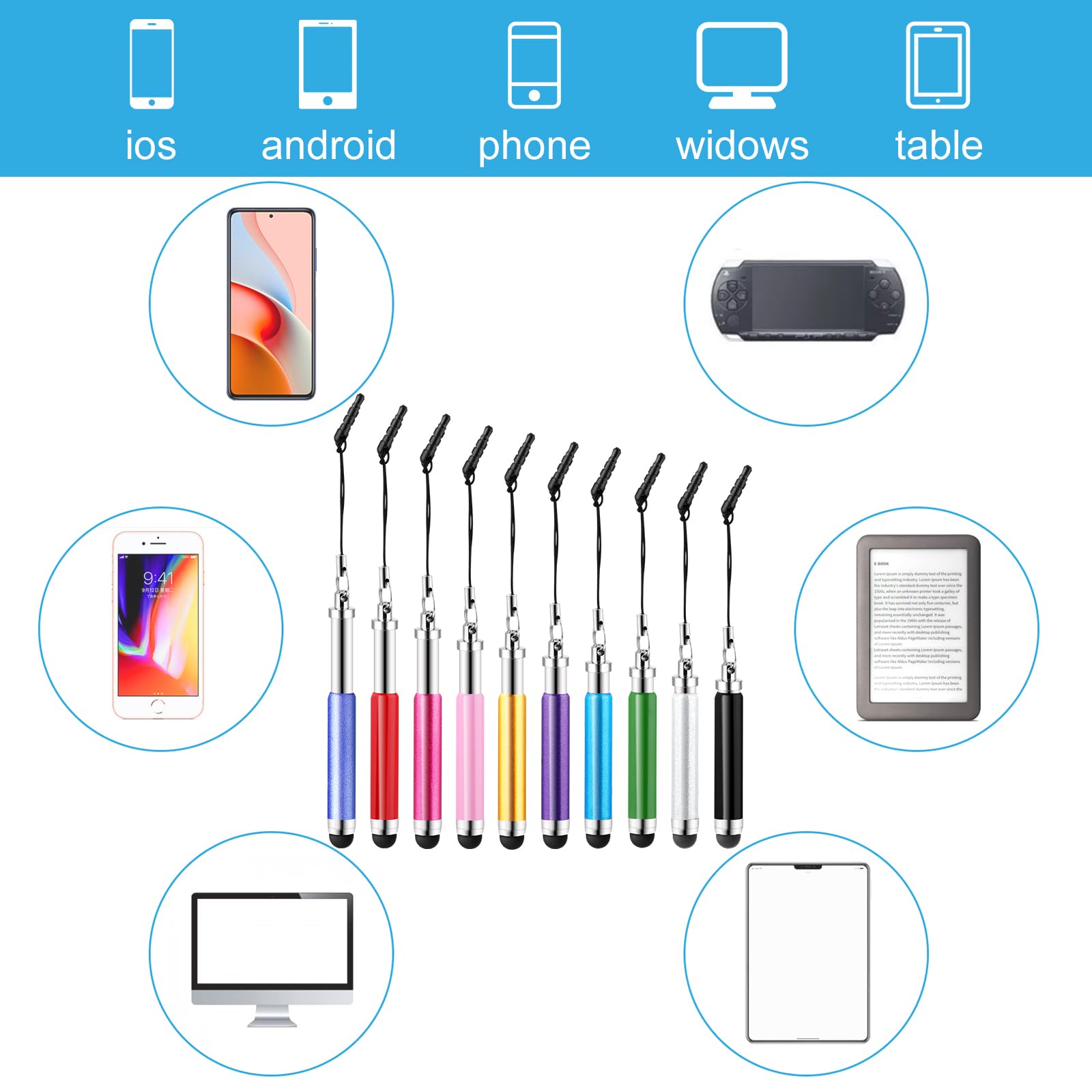 Lot de 10 mini stylets de haute précision pour écrans tactiles pour tous les smartphones, téléphones portables, tablettes et appareils à écran tactile universels