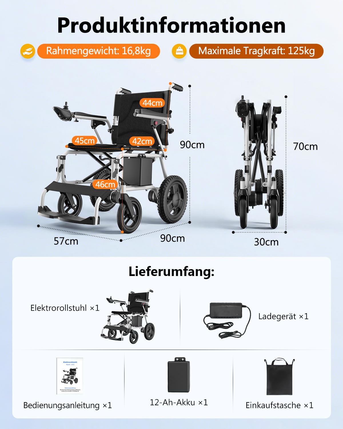 Elektrischer Rollstuhl mit 20km Reichweite,16.8kg Rollstuhl Elektrisch Faltbar Schmal Rollstuhl für Wohnung & Reisen, 125kg Tragkraft für jedes Gelände geeignet