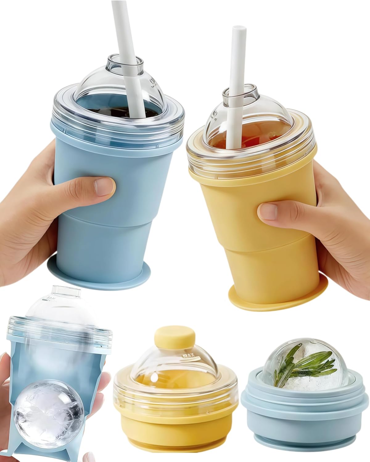 2-in-1 Collapsible Silicone Ice Ball Maker Cup, Foldable Ice Ball Cup, Portable 11oz ice hockey cup with Straw & Lid, Food-Grade Ice Sphere Mold for Whiskey, Iced Coffee, Gym, Travel (Y+B(2pcs))