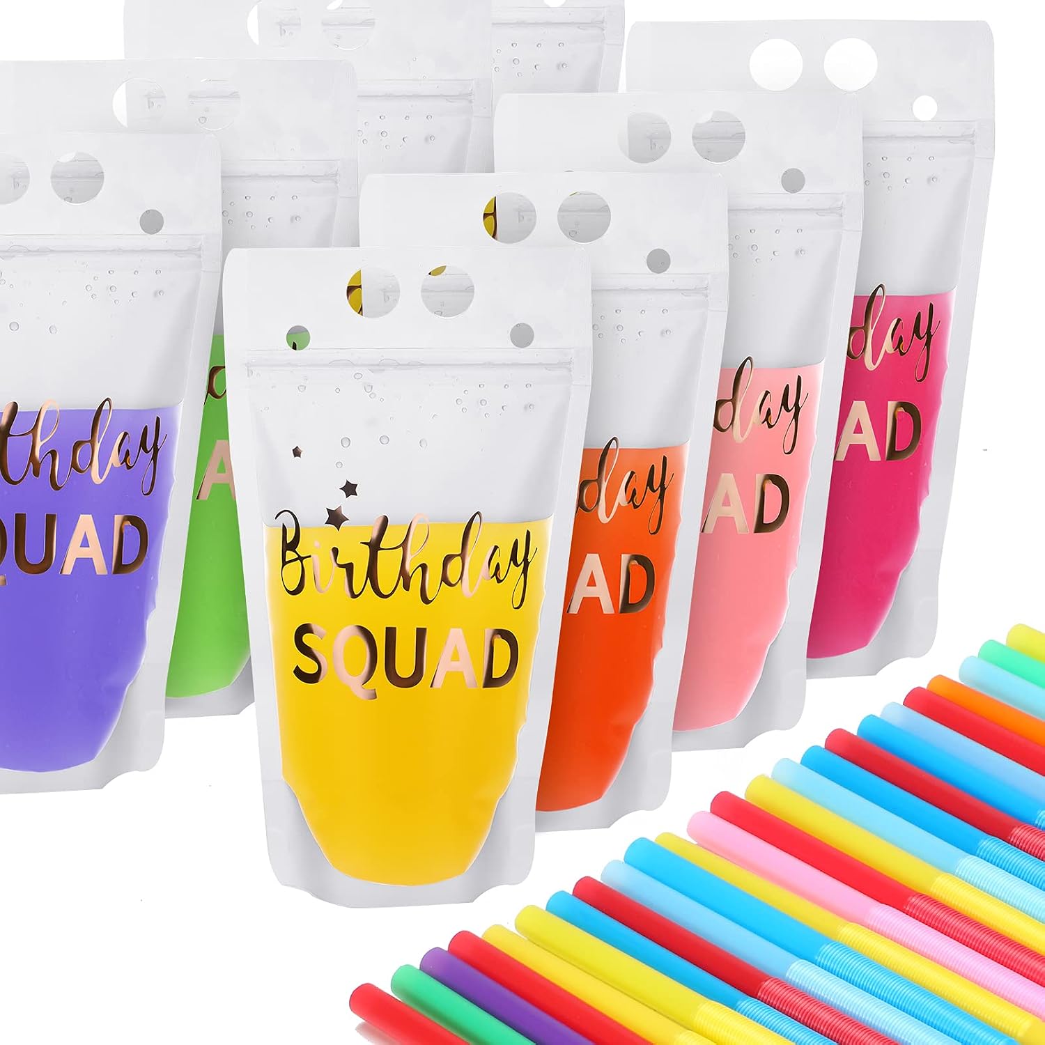 20 Pieces Birthday Drink Pouches for Adults with Straw Heavy Duty Hand-held Translucent Reclosable Zipper Smoothie Juice Pouches Stand-up Plastic Pouches for Birthday Party Kids Adults