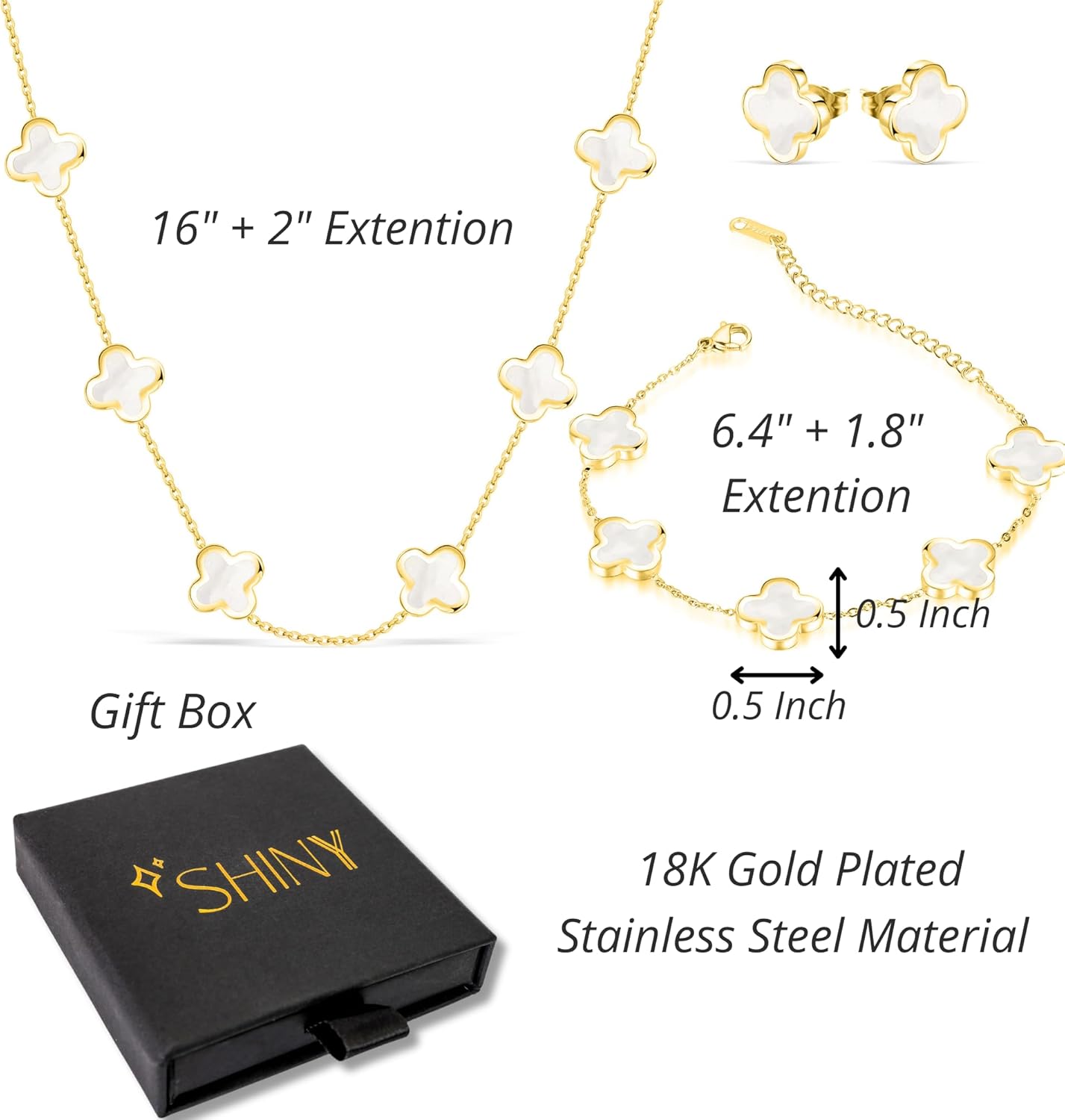 SHINYY Four Leaf Clover Necklace Bracelet Earring Set for Women | 18K Gold Plated 4 Leaf Lucky Jewelry - Image 2