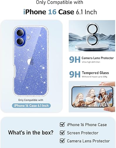 Miniatura 214 de MIODIK Funda compatible con iPhone 13 Pro, con protector de pantalla + protector de lente de cámara, funda protectora de purpurina transparente