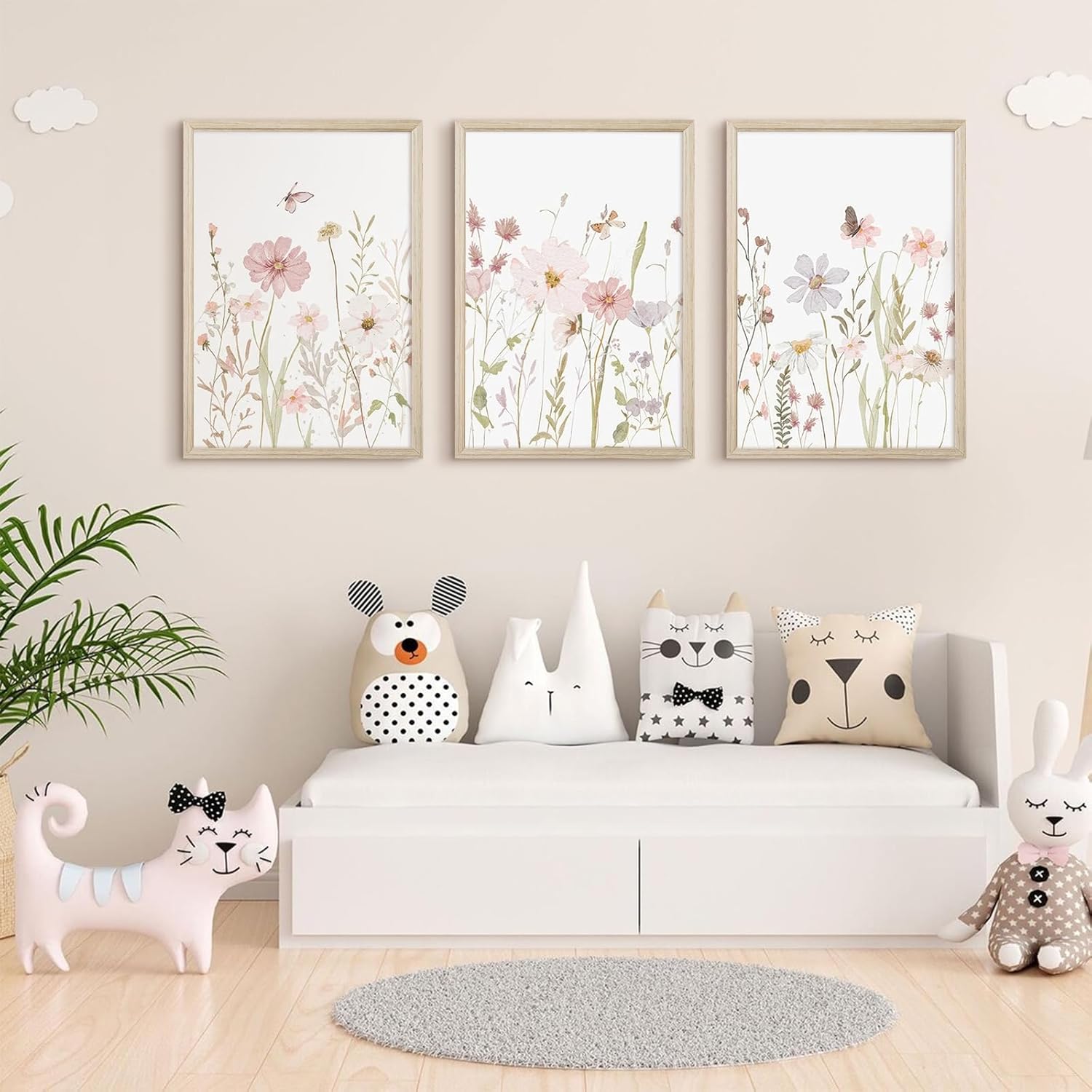 Wildflower Nursery Wall Art Pink Watercolor Floral Painting Baby Girl Nursery Canvas Wall Decor Vintage Botanical Flower Picture Boho Wildflower Prints for Bedroom 12x16x3 Inch Framed