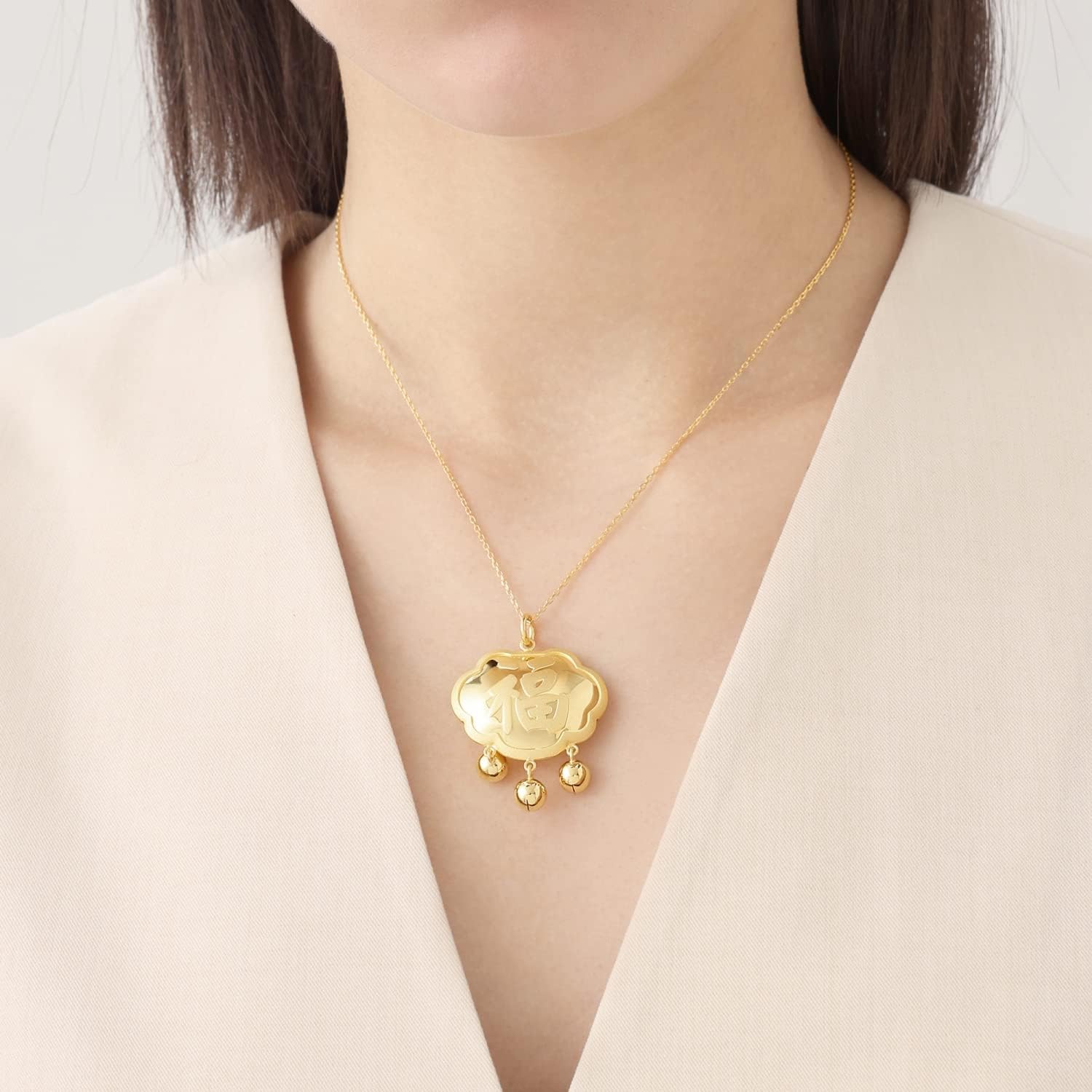 CHOW SANG SANG Chinese Gifting Collection 999.9 24K Gold Price-by-Weight 9.73g Gold Dragon Longevity Lucky Lock with bells Pendant for Tiny Size 82021P | Not Include the Necklace