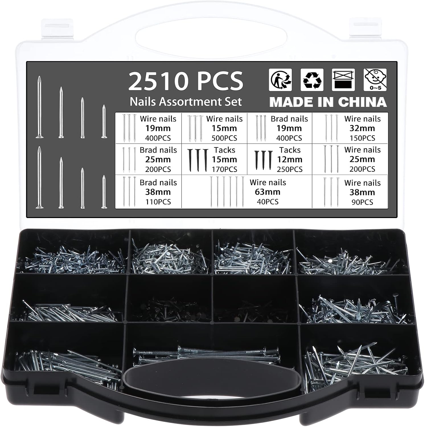 2510PCS Nails Assortment Kit, Galvanized Nails Set with Storage Case - Including Brad Head, Flat Head & Studs for Hanging Wall Art Decor, Picture Frame, Masonry, Woodwork, Decor