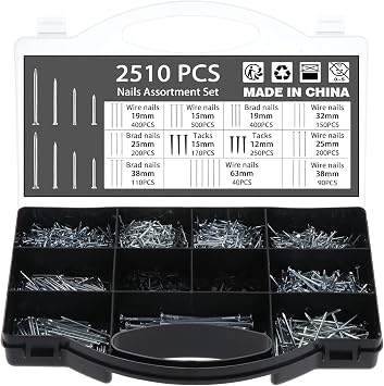 2510PCS Nails Assortment Kit, Galvanized Nails Set with Storage Case - Including Brad Head, Flat Head & Studs for Hanging Wall Art Decor, Picture Frame, Masonry, Woodwork, Decor