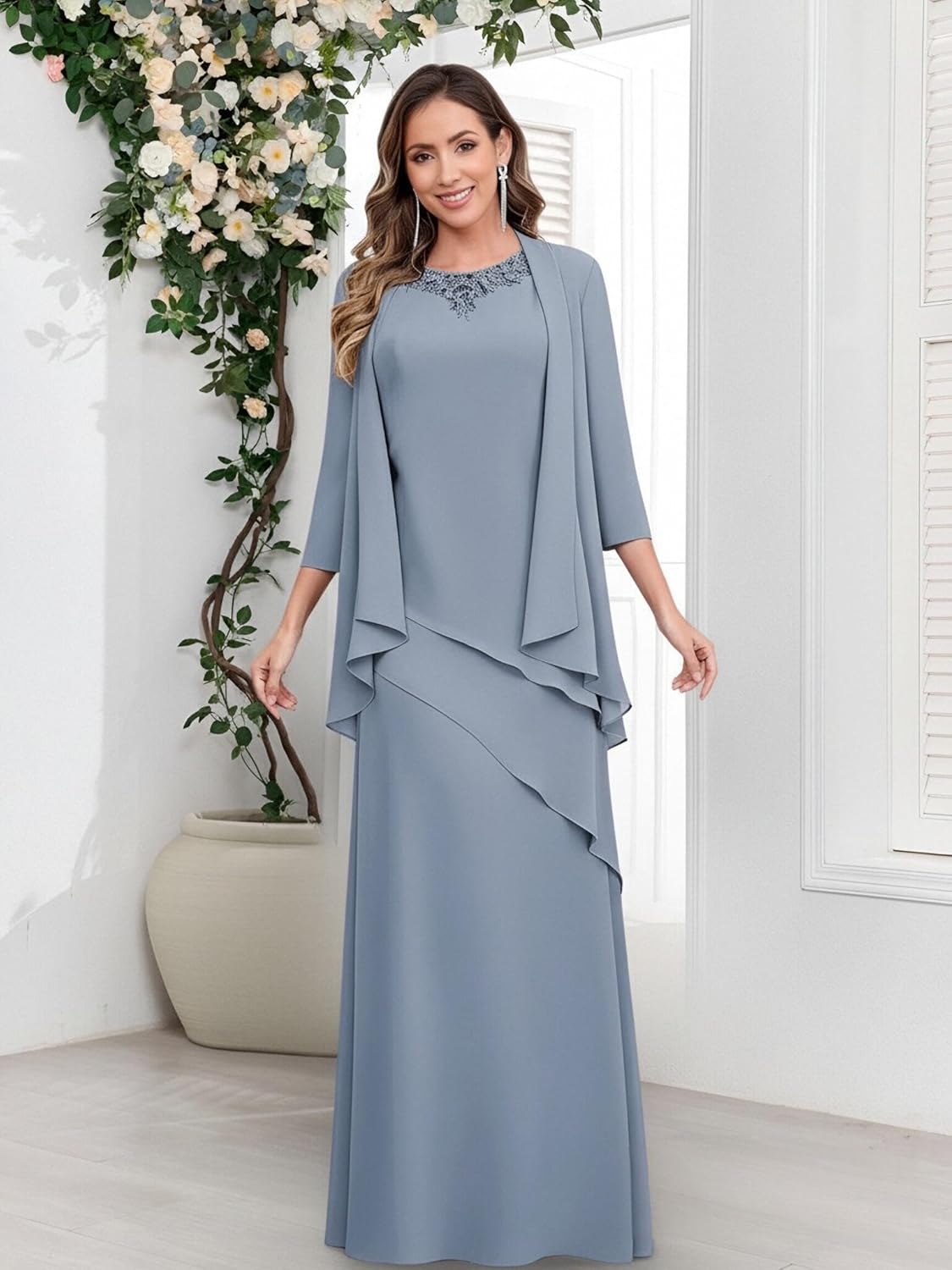 2 Piece Mother of The Bride Dresses for Women Chiffon Beaded Ruffle Long Formal Evening Gown with Jacket - Image 3