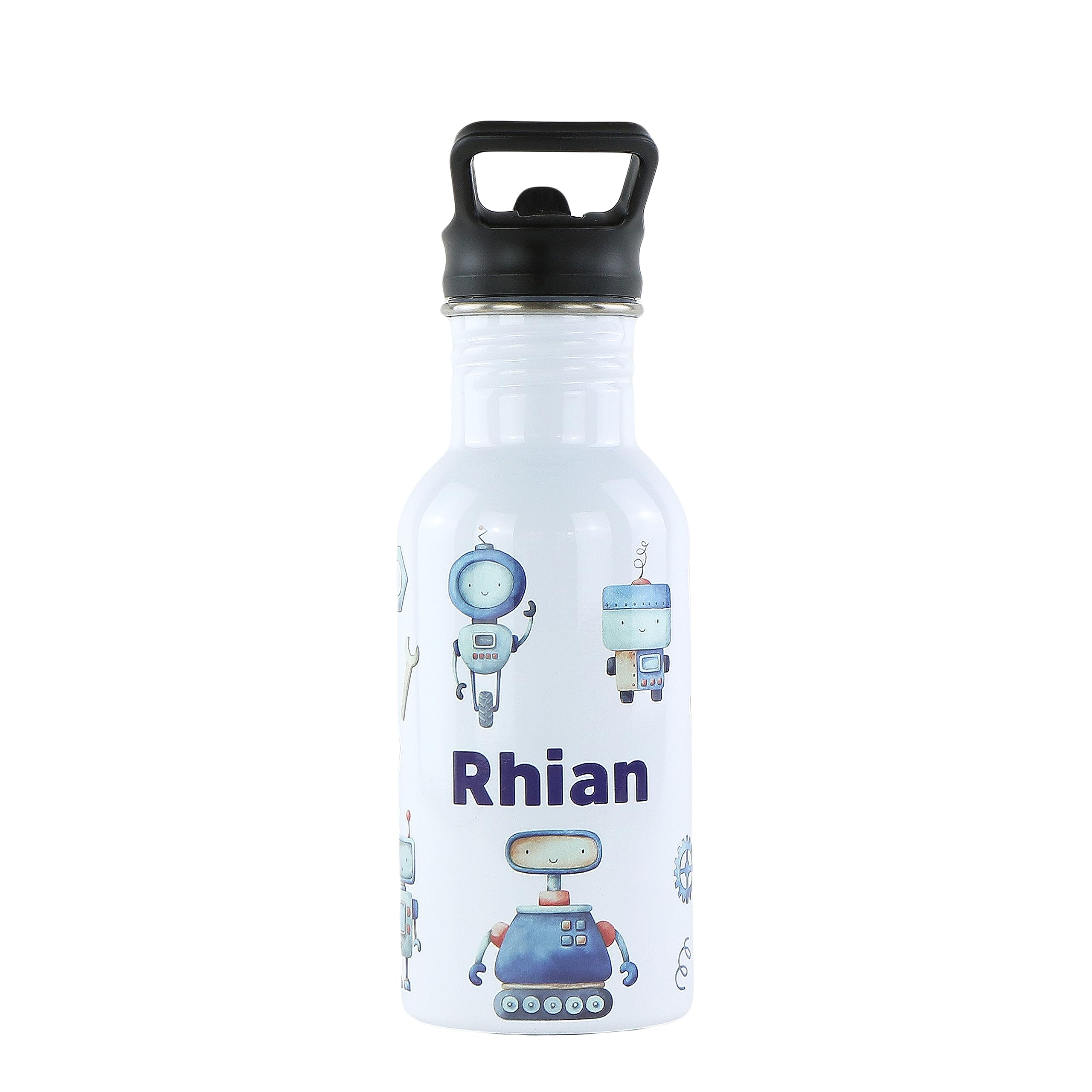 cribstar Personalised Kids Water Bottle - Stainless Steel - BPA Free - Leak Proof - Perfect for School, Sports, Holidays, Travel or anywhere. (Robots)
