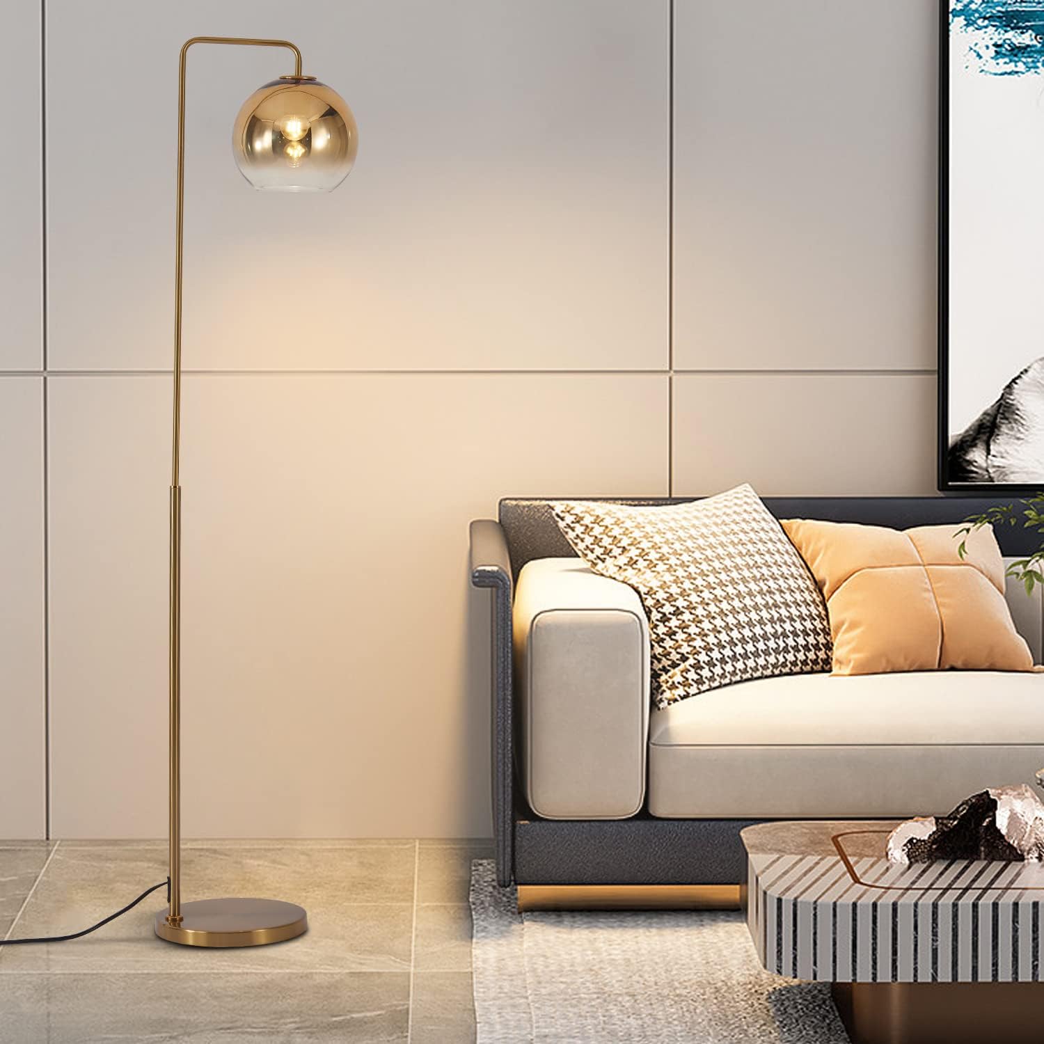 KCO Lampada da terra a sfera in vetro sfumato oro, lampada da terra moderna a sfera LED per ufficio, soggiorno, camera da letto (20,1 cm)