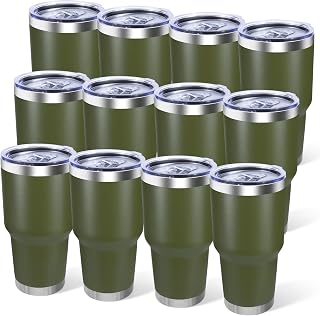 30oz Stainless Steel Tumbler Bulk with Lid, Double Wall Vacuum Insulated Powder Coated Travel Mug, Army Green, 12 Pack