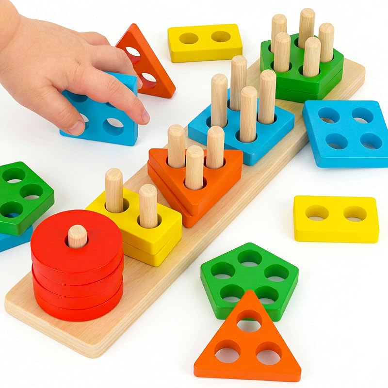 LovesTown Wooden Stacking Sorting Toy, 20PCS | Montessori Sensory Puzzle, Preschool Learning, Shape Recognition, Matching Game, Daycare Gifts