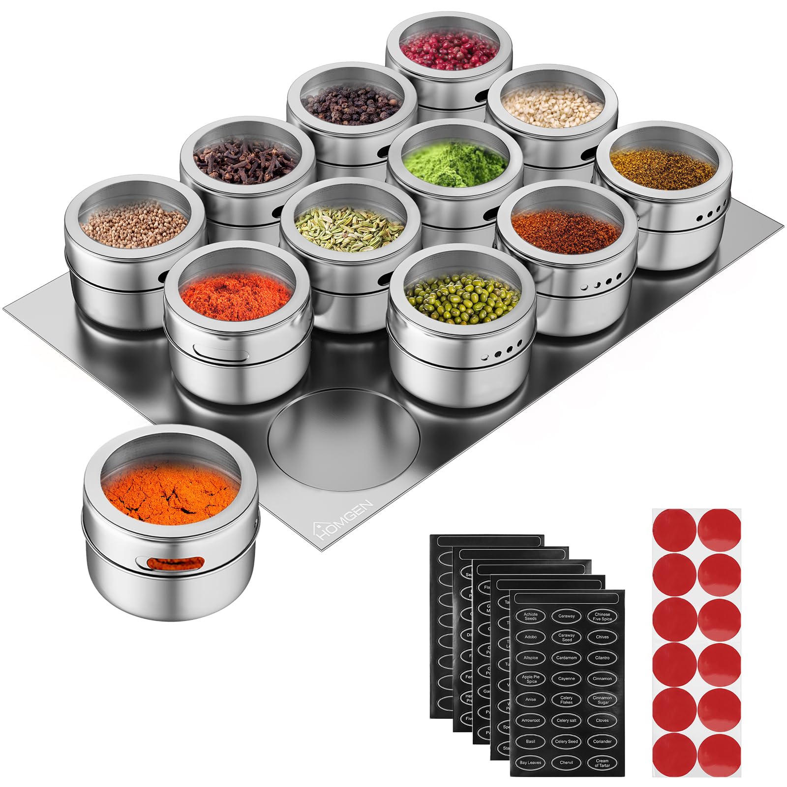 HOMGEN Gewürzdosen Magnetisch Edelstahl 12 Stück Gewürzgläser Set Magnet 100ml Gewürze Spice Jars mit Gewürzregal und Gewürzaufklebern für Küche Küche, Haushalt & Wohnen