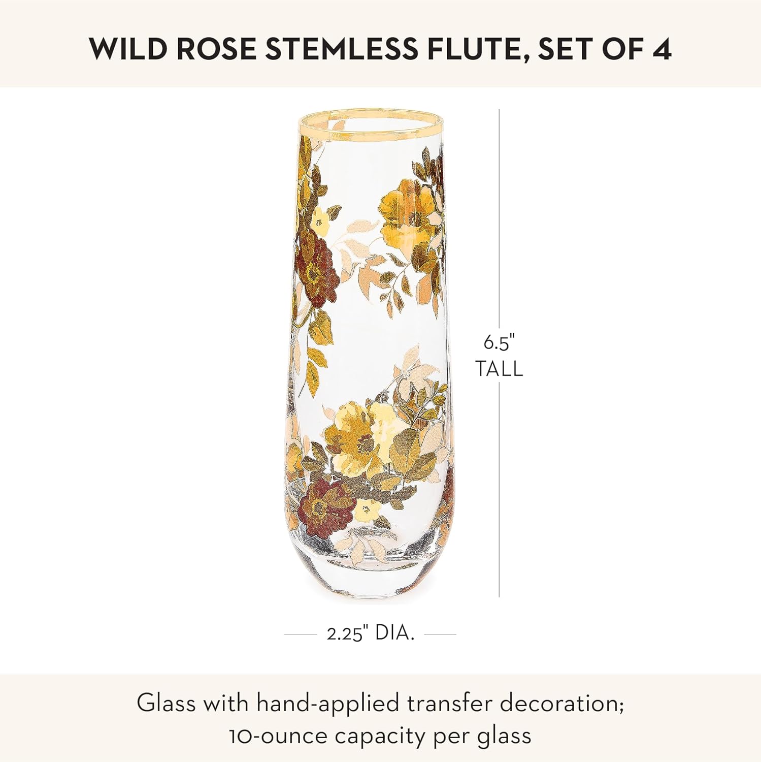 MACKENZIE-CHILDS Set of 4 Stemless Flutes, Decorative Champagne Flutes, Wild Rose