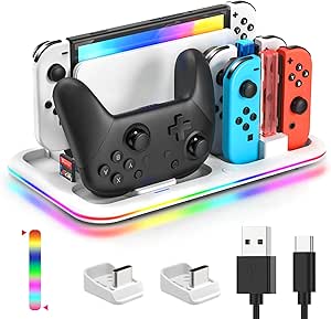 RGB Controller Charger for Nintendo Switch &amp; OLED, Switch Charger Compatible with Joycon and Pro Controller, Switch Charging Station Dock Organizer with 8 Game Slots &amp; USB Cables