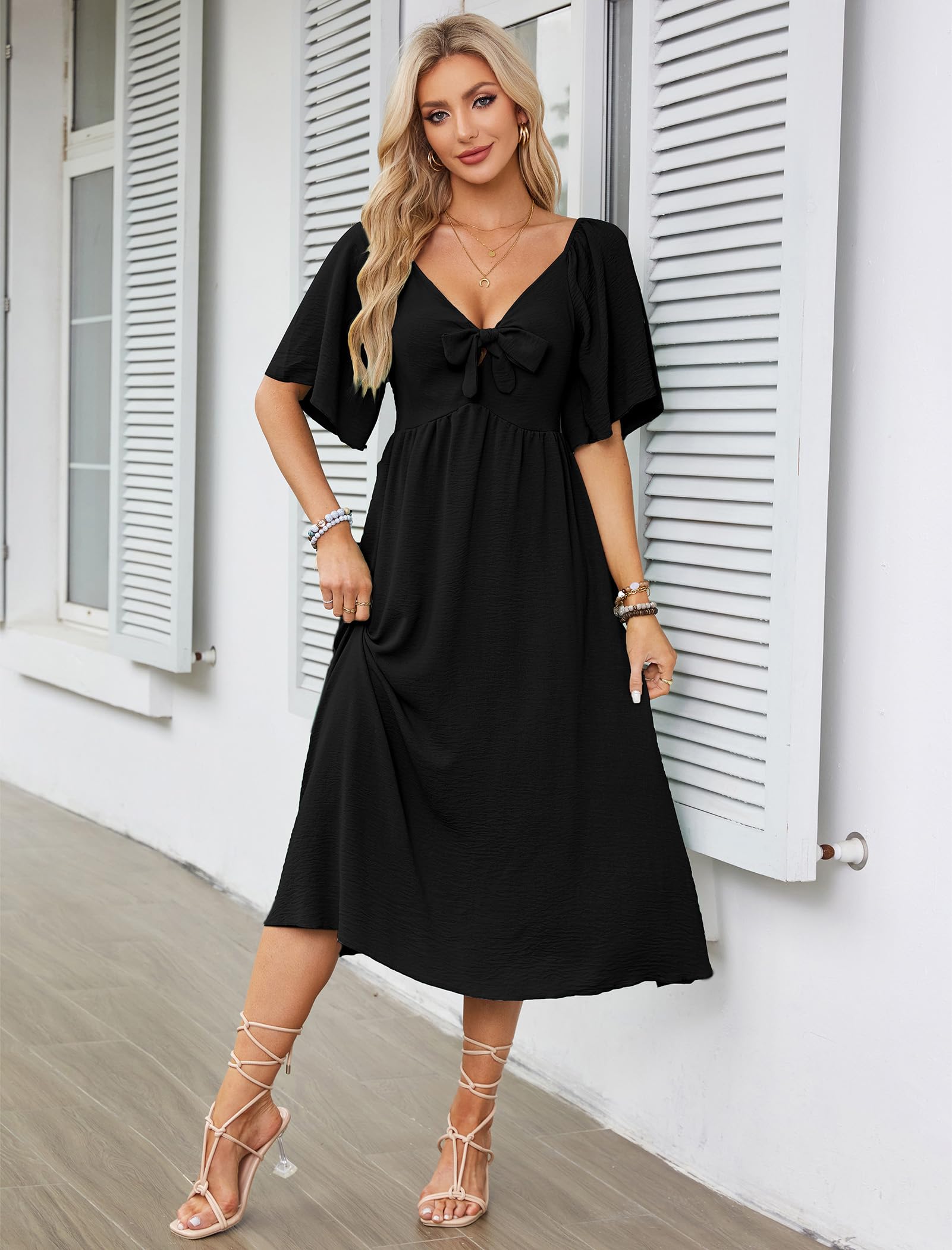 IDOPIP Kleid Damen Sommer Kurzarm Freizeitkleid mit Fliege Einfarig V-Ausschnitt Midikleid A-Linie Partykleid Cocktailkleid Elegant Festlich Hochzeit