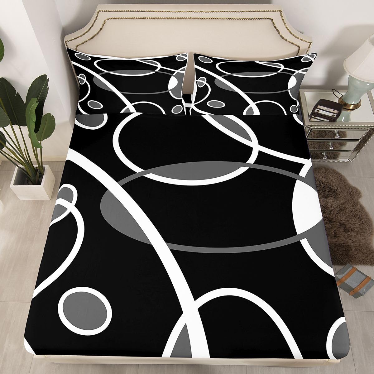 Feelyou Kids Grey and Black Sheet Set Queen Size Strip Lines Bed Sheets Set for Boys Girls Teens Bedroom Geometric Sheets with Deep Pocket Fitted Sheet Abstract Art Bedding Set with 2 Pillow Cases