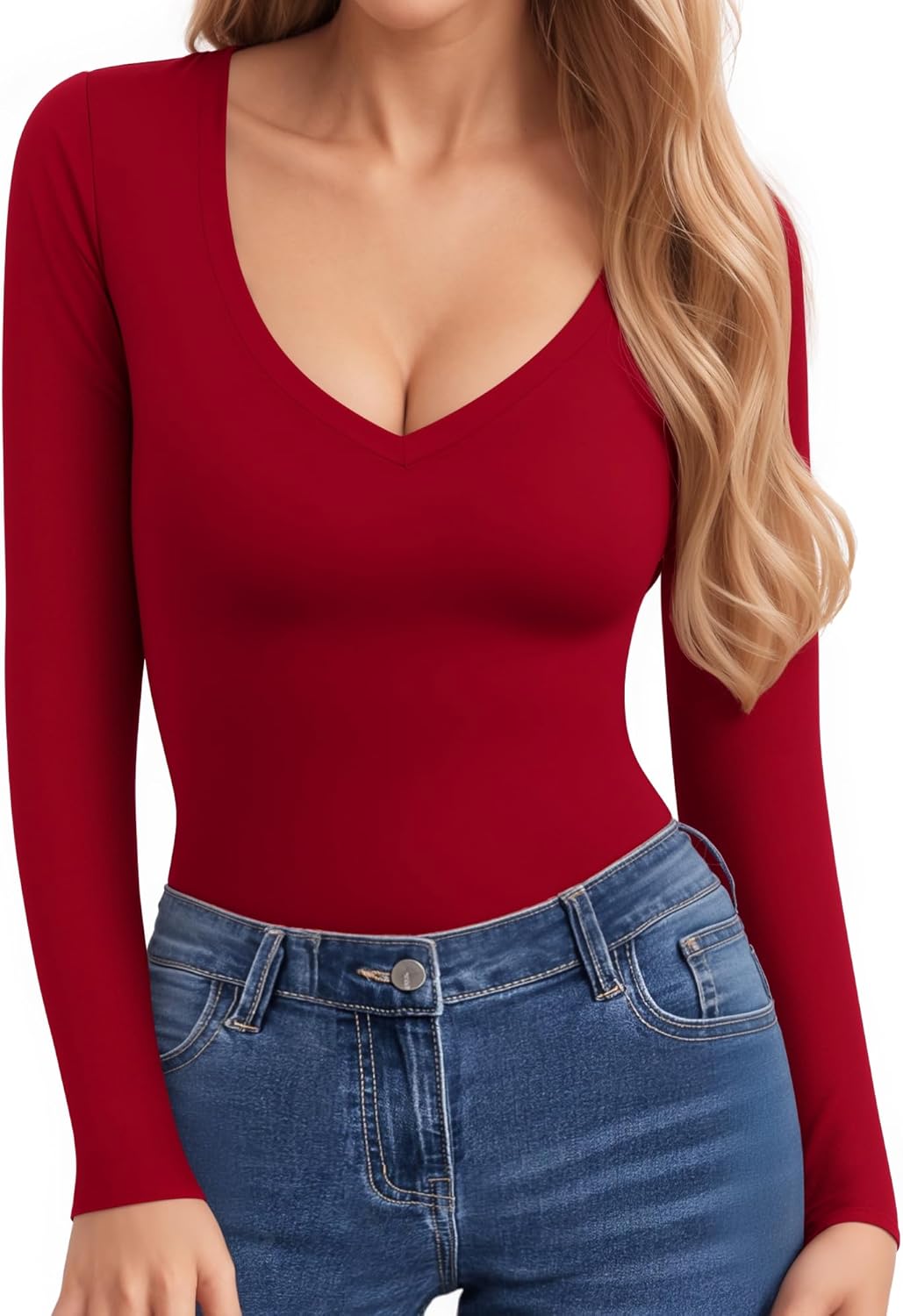 CLOZOZ V Neck Tops Sexy Shirts for Women Fitted Tight T Shirts Basic Tee