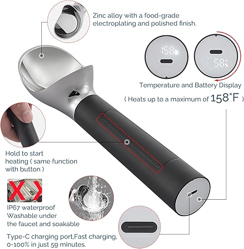 Miniatura 3 de Cuchara de helado con calefacción recargable, cuchara eléctrica para helado con pantalla LED, se calienta a 158 F para helado duro, fácil para