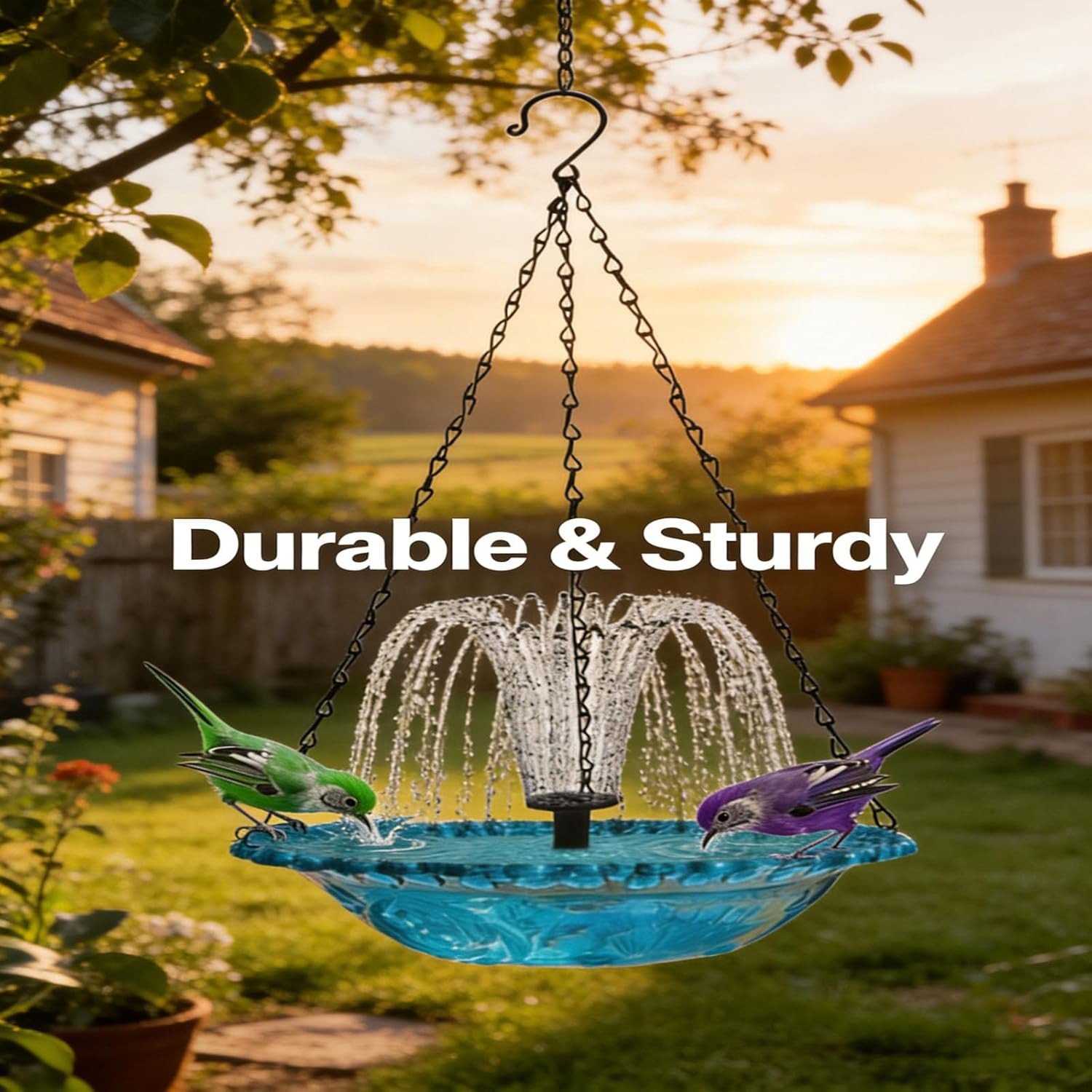 Solar Cascade Hanging Bird Bath Fountain, Solar Powered Bird Bath with 7 Nozzles & Transparent Bowl, Waterproof Hanging Birdbath for Garden Patio Backyard, Attracts Wild Birds & Hummingbirds (Blue)