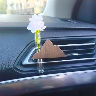 Little Glass Flower Vase Air Vent Clip, Wooden Stand Car Aroma Diffuser, Car Air Vent Decor Plant Holder, Auto Interior Decorations (Black Walnut Peak)