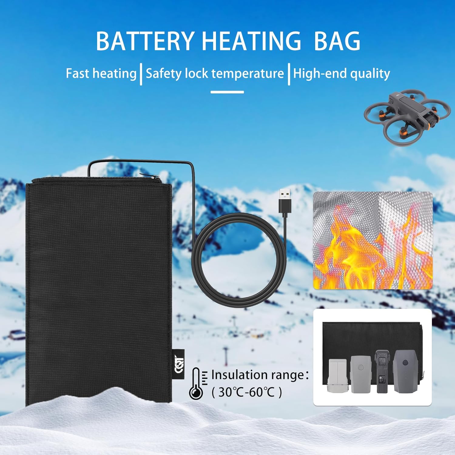 CQT Battery Warmer Bag, Heat Resistance Drone Battery Warmer Bag Portable Foldable Heating Insulated Bag Compatible with DJI Mavic Mini 3 4 PRO/AIR 3S 3 2S 2/Mavic 3/3 Pro/2 Avata 2 DJI FLIP Batteries and other Drone Batteries