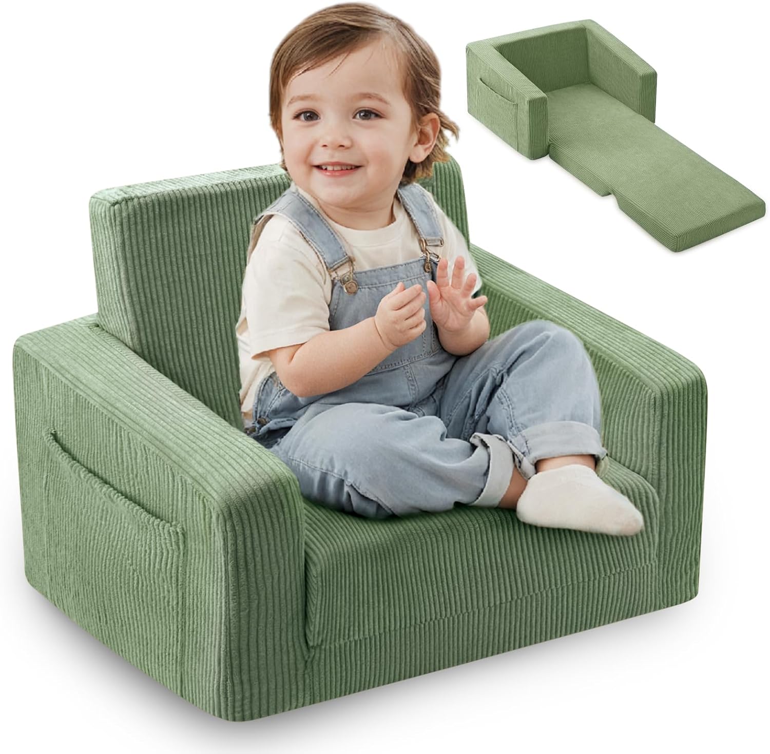 Toddle & Kids Chair,2-in-1 Soft Toddler Couches that Fold Out,Toddler Chairs Comfy 1-3 Years Old,Convertible Sofa to Lounge,Green