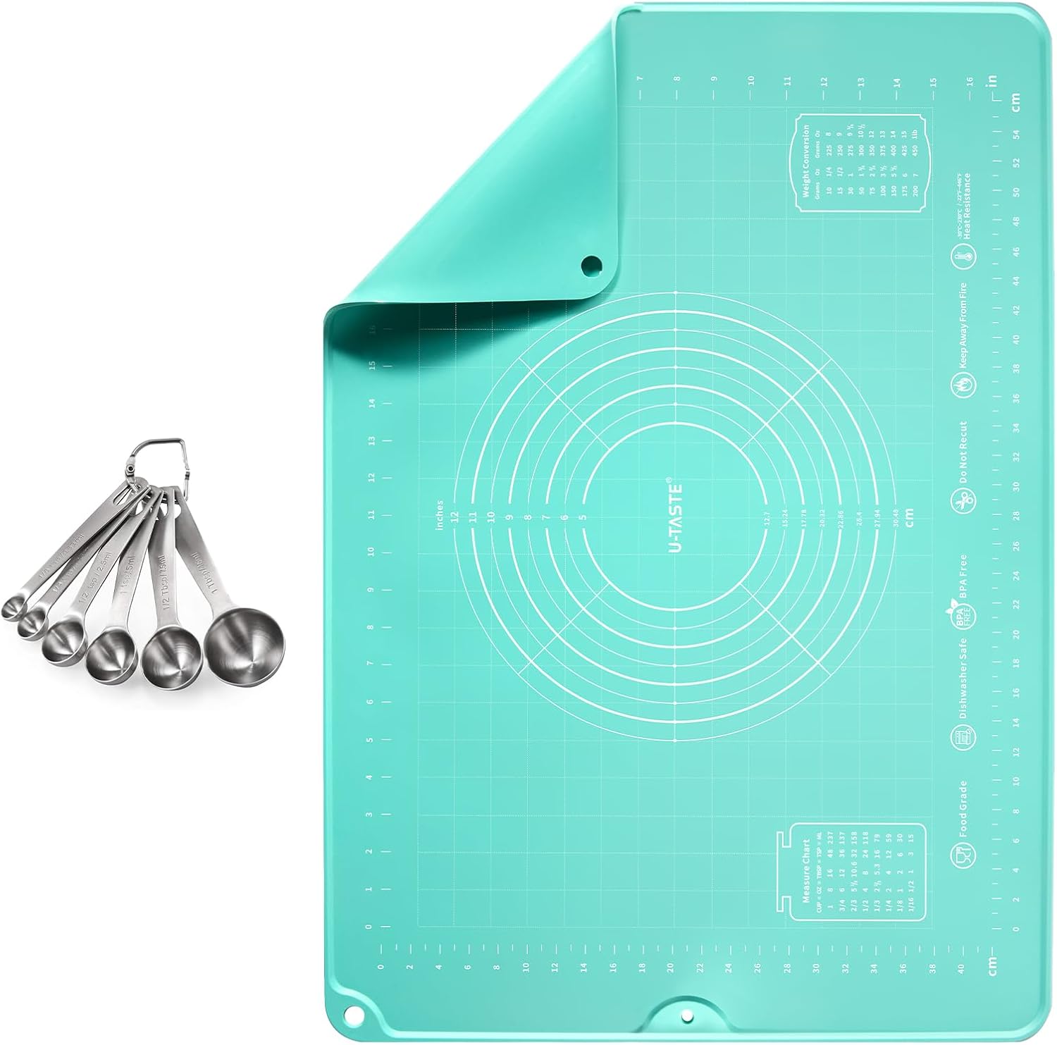 18/8 Stainless Steel Measuring Spoons Set for Dry and Liquid Ingredients (Set of 6), and 20inx28in Large Silicone Pastry Mat Food-Grade Non-Stick Dough Rolling Mat (Aqua Sky)