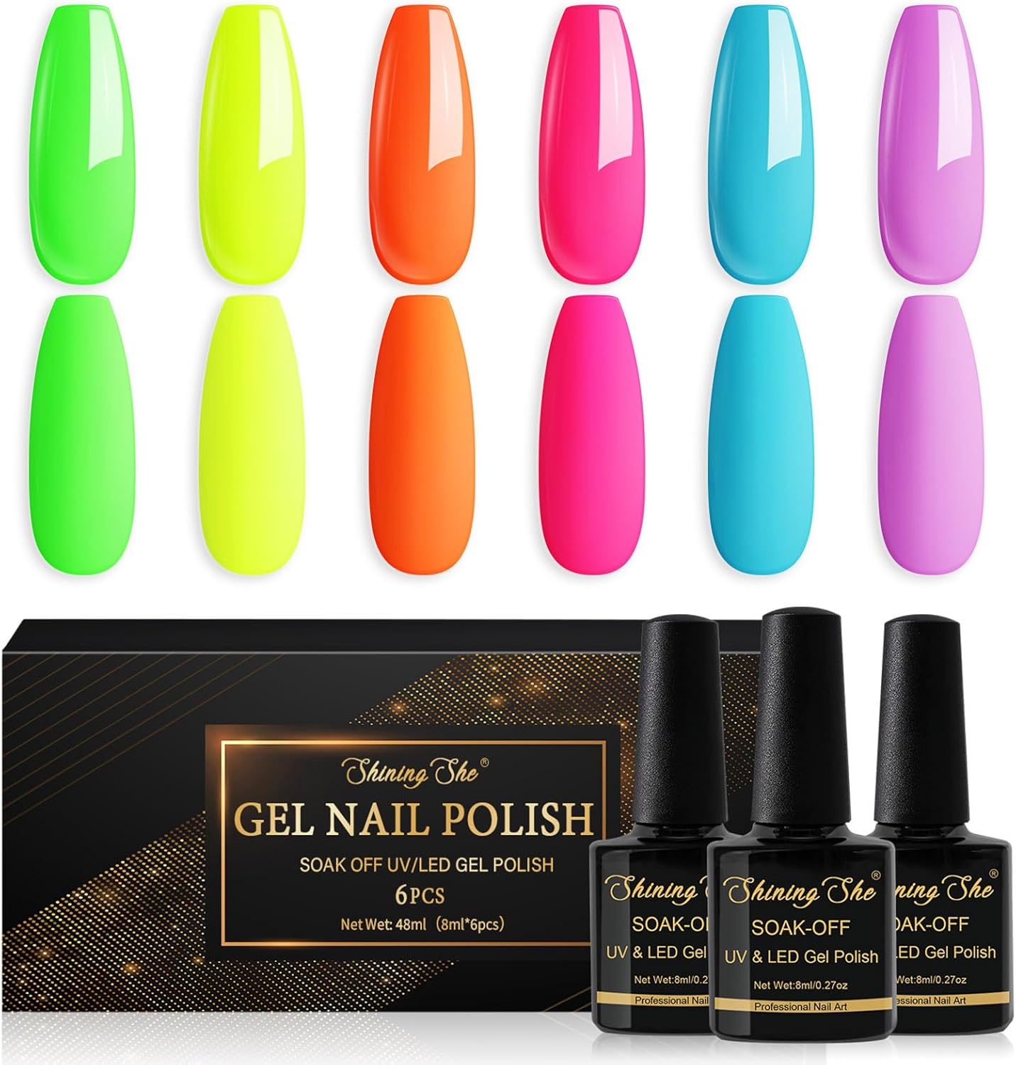 Shining She Gel Nail Polish Neon,6 Colors Bright Green Orange Blue Pink UV Nail Polish Set Soak-Off UV Gel Nail Polish,Summer Gel Polish Manicure Gift For Beginners Nail Art Salon DIY,8ML