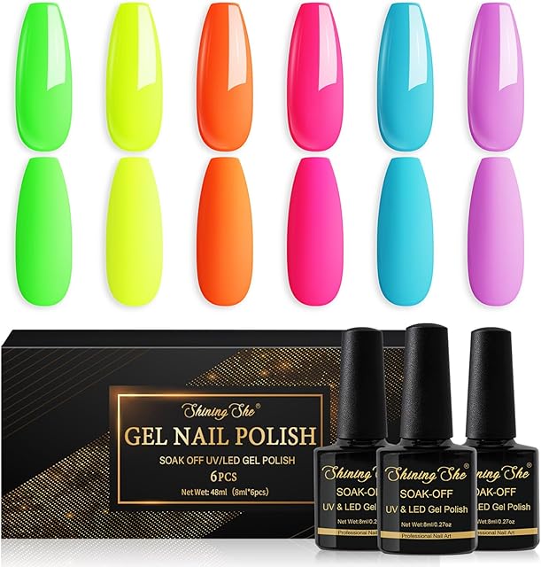 Shining She Neon Gel Nail Polish, 6 Colours Green Orange Blue Rose Gel Polish Set Soak-Off UV/LED Lamp Nail Polish Gel Gift for Women Nail Art Salon DIY Home, 8ML