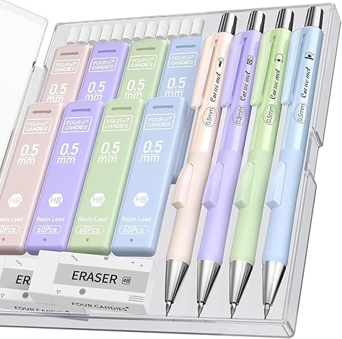 Miniatura 8 de Four Candies Cute Mechanical Pencil Set with Case, 4PCS 0.7mm Pastel Fast Click Aesthetic Mechanical Pencils with 480PCS HB Lead Refills, 2 Erasers,