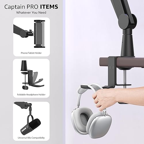 Miniatura 6 de Ixtech Captain Pro Brazo de soporte para micrófono, Blue Yeti, Shure Sm7b, Hyperx QuadCast, Rode At2020, Fifine mejorado, soporte para tablet y