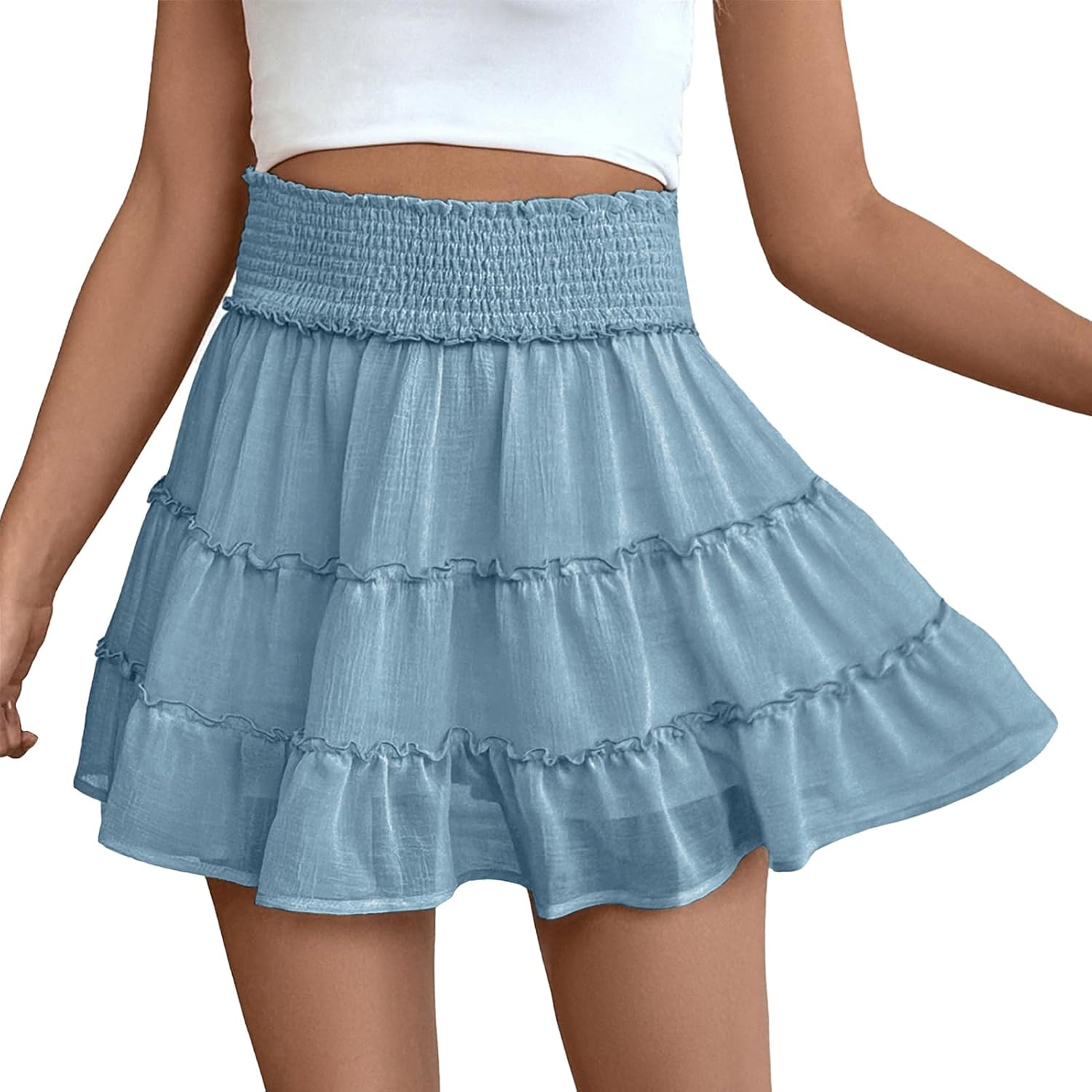 FEOYA Women’s Ruffle Mini Skirts Summer Chiffon Skorts Cute Mini Skirt Flowy High Waist Skirts Built-in Shorts S-L