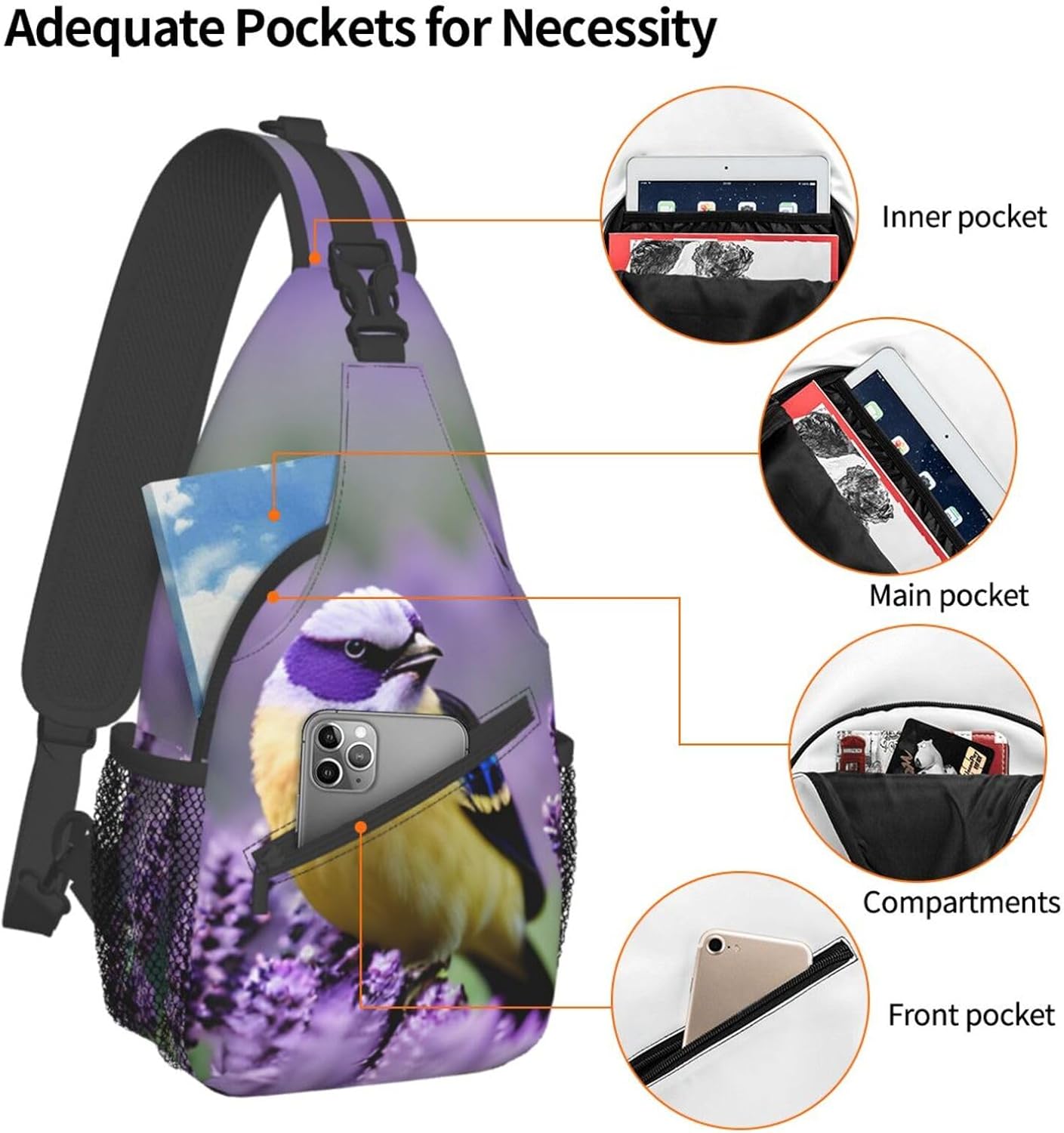 Bird in Purple Lavender Floral Flowers Print Stylish Sling Backpack, Sling Bag,Chest Bag Daypack, for Hiking, Travel, and Business