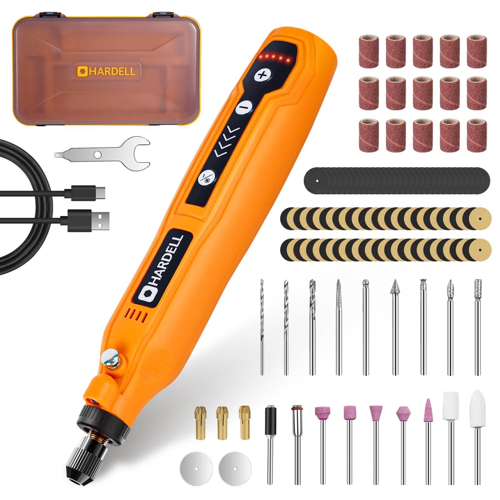 HARDELL 3.7V Cordless Rotary Tool Kit with 129 Accessories - 5-Speed Mini Power Tool, USB Rechargeable for Drilling, Sanding, Polishing, Engraving (DIY & Crafts)(Orange