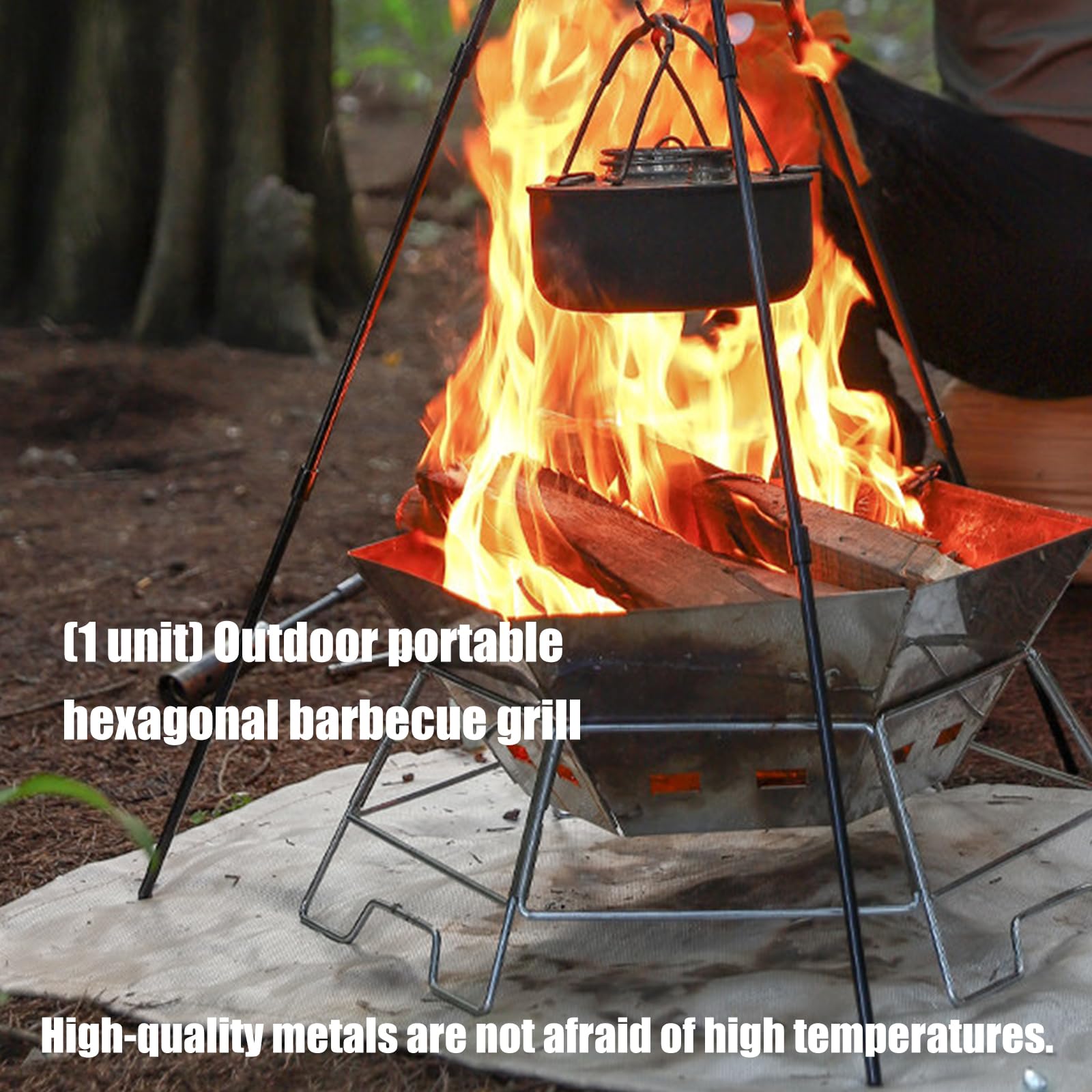Barbecue multifunzionale esagonale trasportabile per campeggio evidenziando braciere cottura acqua bollente e capacità di grigliare barbecue all'aperto con rete