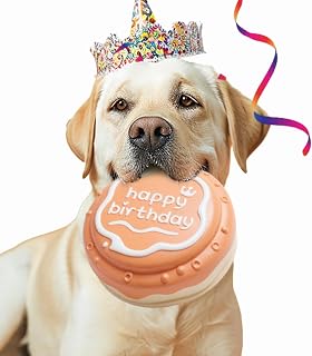 Dog Birthday Toy - Food Grade Material, Safe & Floatable - Delicious Strawberry Scent - Squeaky Teething & Grinding - Indoor/Outdoor Birthday Cake Dog Toy - Happy Birthday Dog Toy Decorations