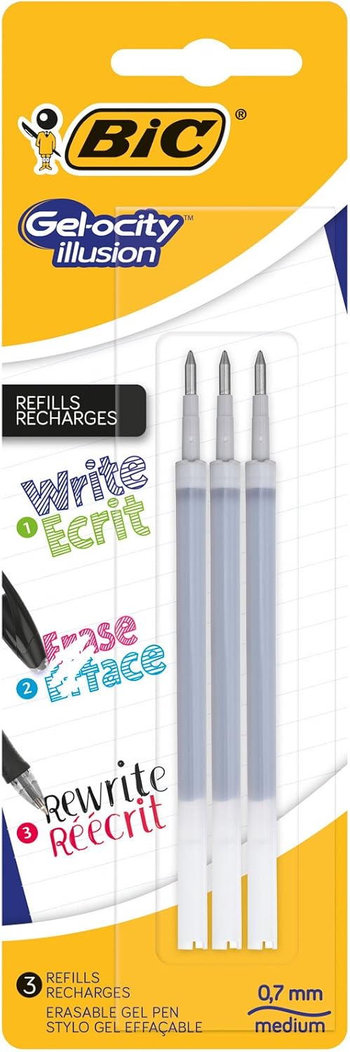 Recharges BIC Gel-ocity Illusion - Stylo Gel Effaçable Pointe 0,7 Mm (noir), Blister De 3